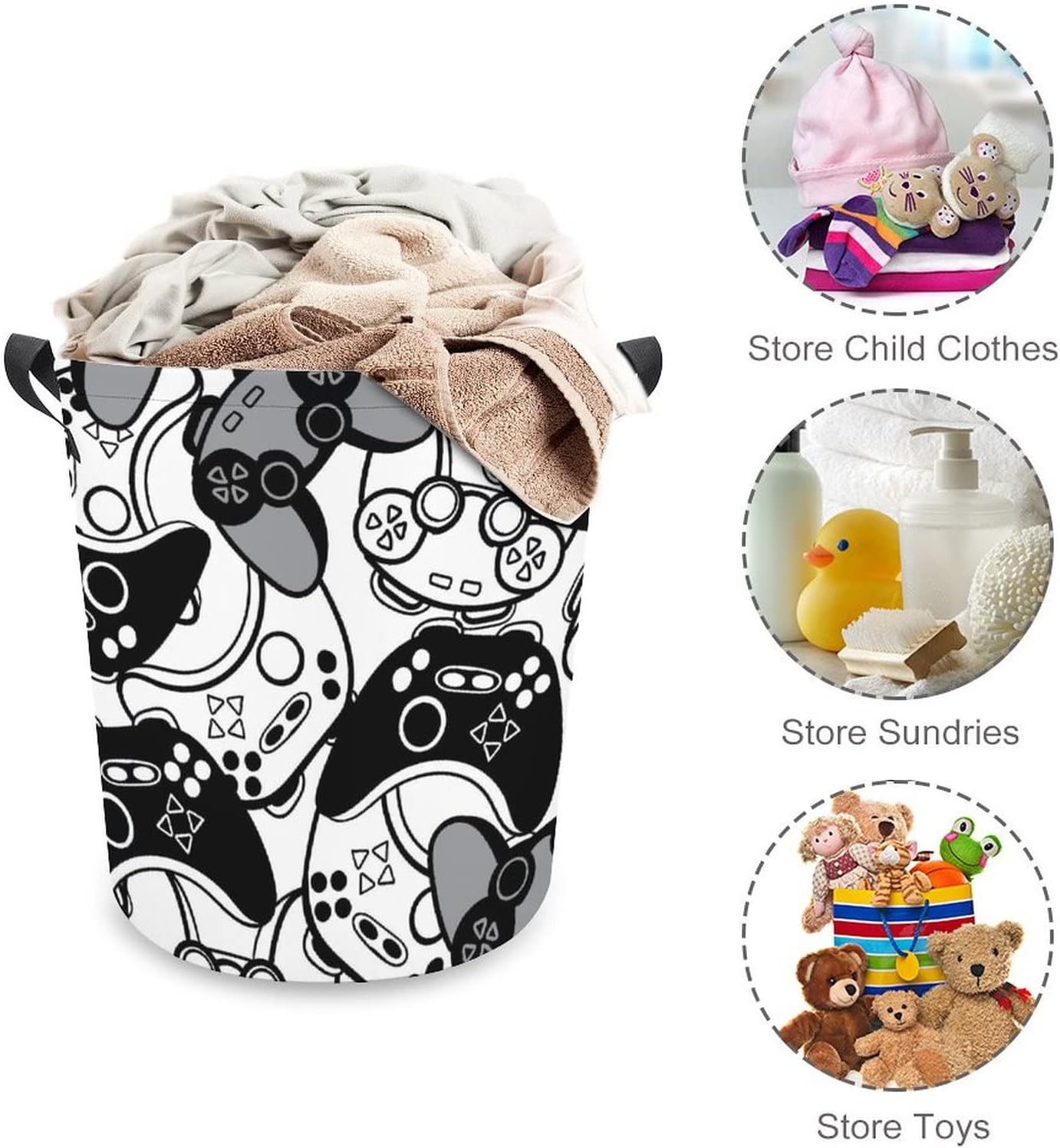 Black and White Joysticks Laundry Baskets Waterproof Durable Collapsible