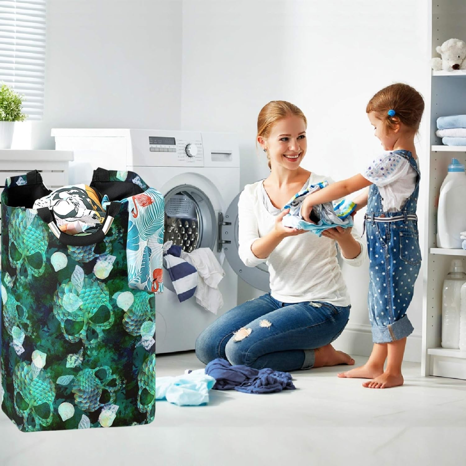 Visesunny Mermaid Scale Seashell Large Capacity Laundry Basket