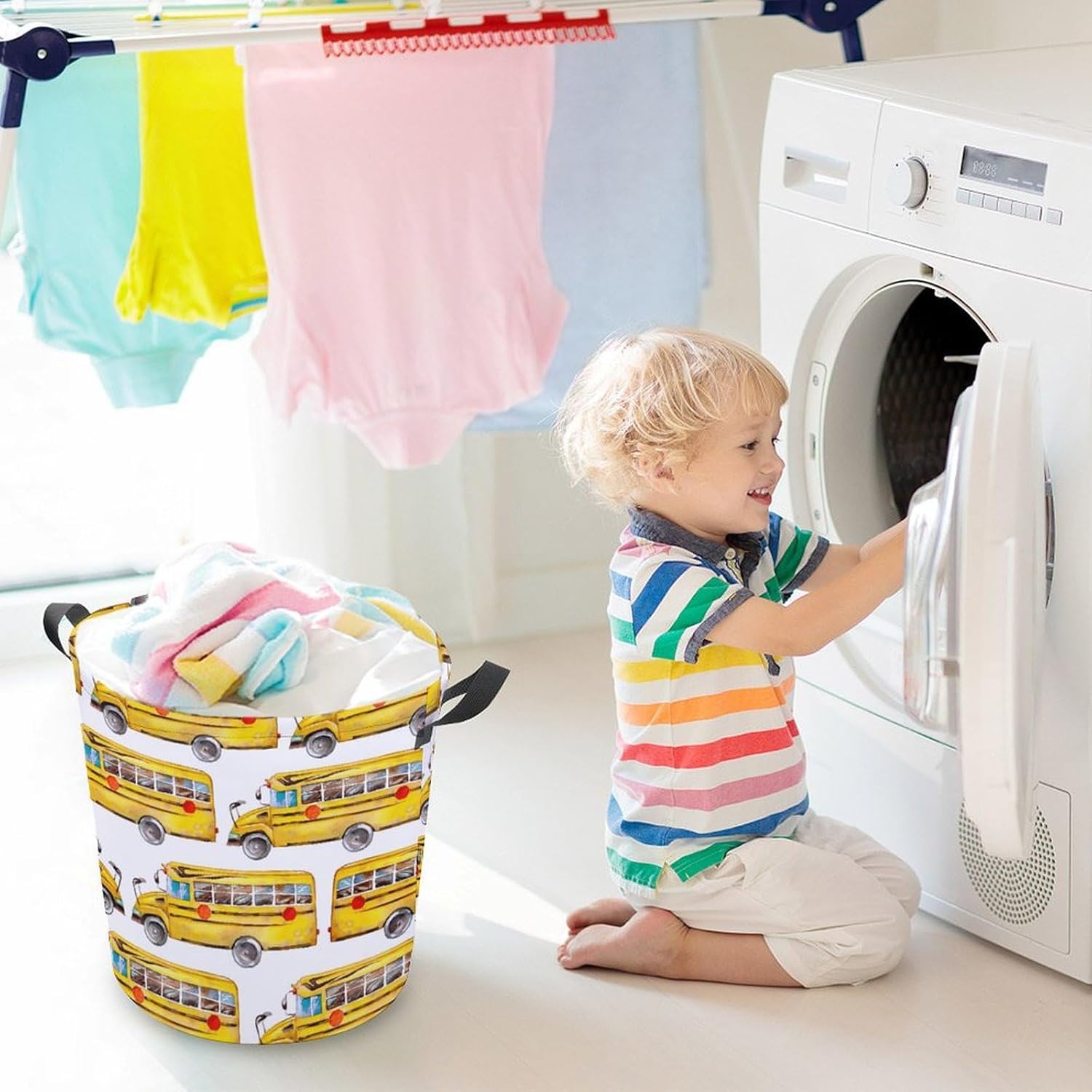 Meiko Cute Yellow Bus Rainbow Laundry Hamper