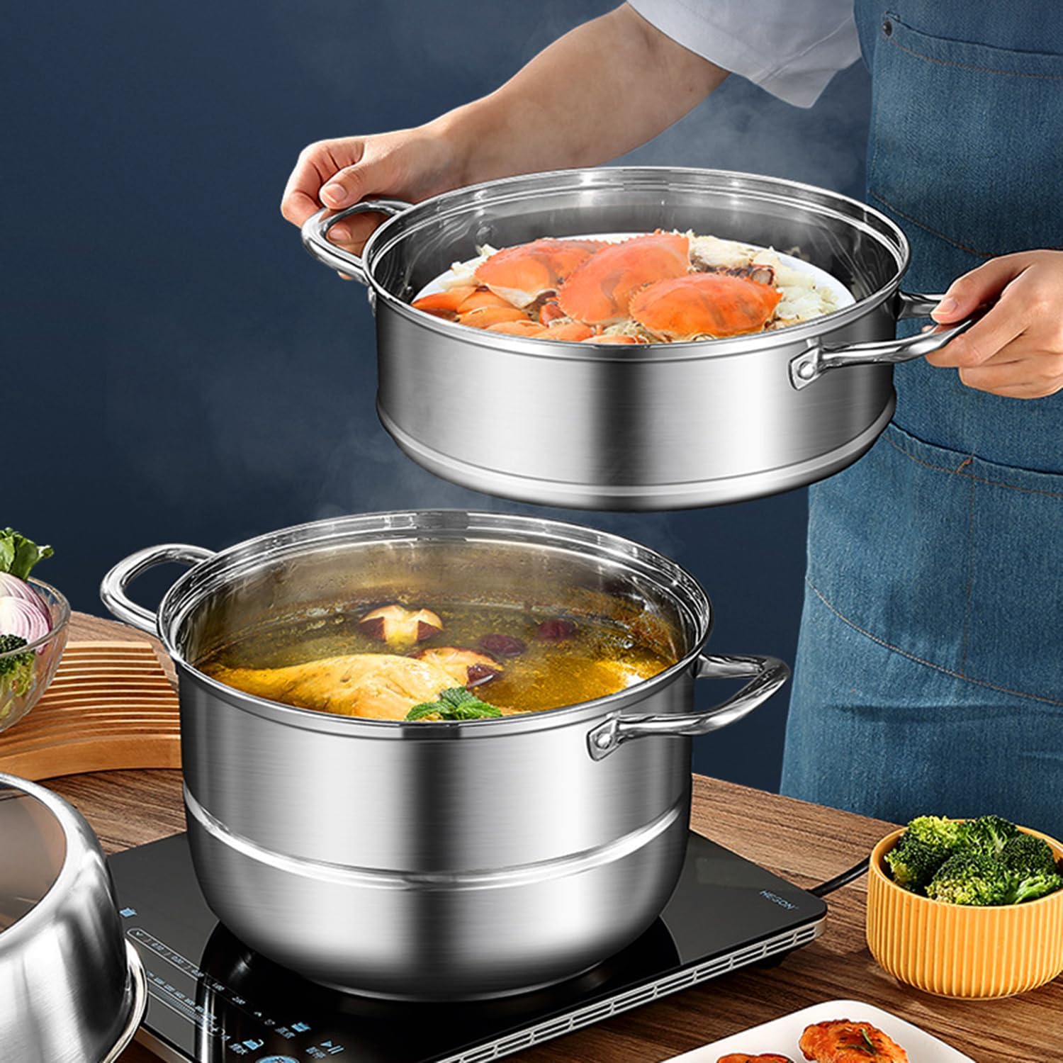 11-inch Stainless Steel Steamer Pot with Glass Lid