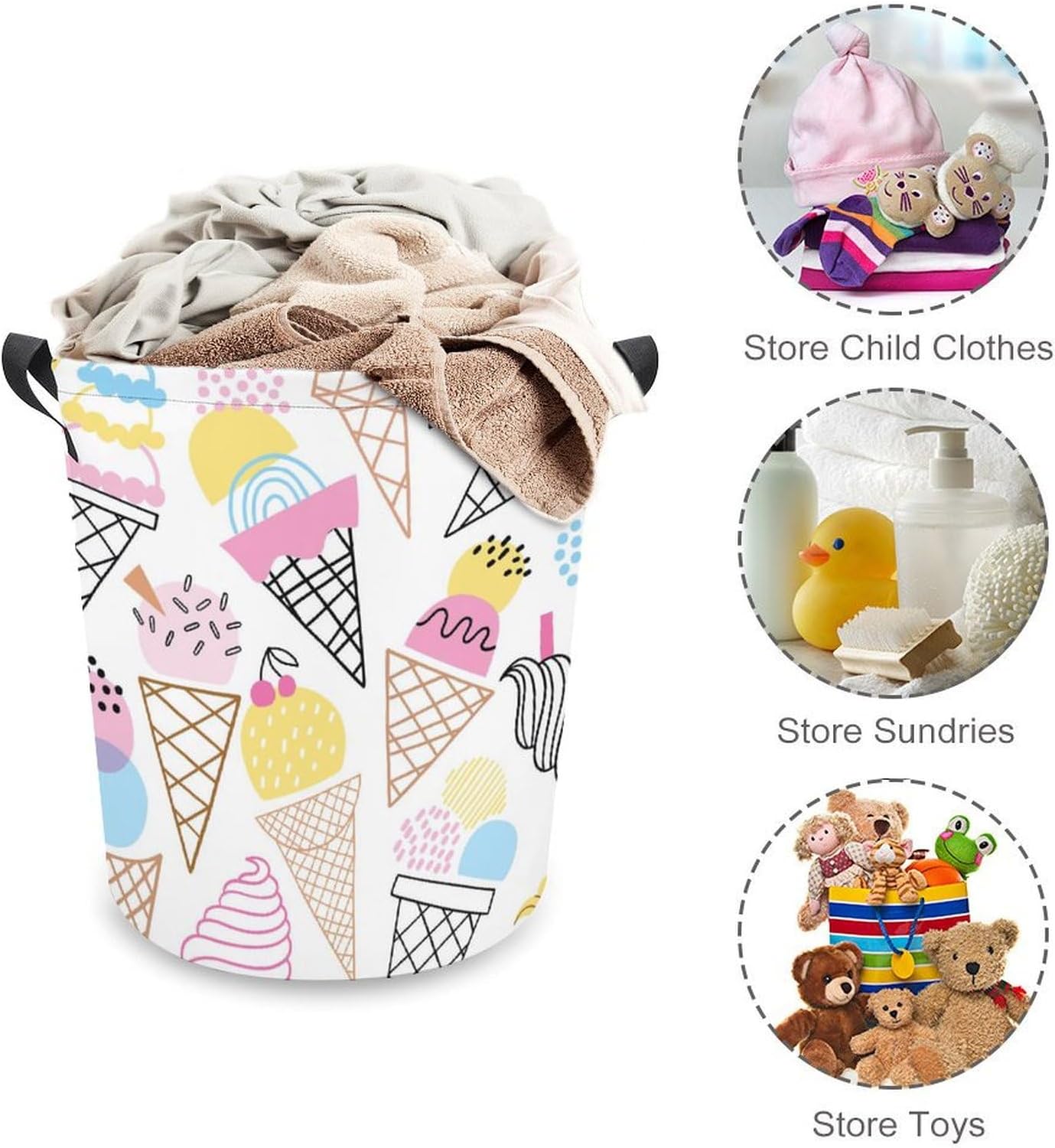 Cute Summer Ice Cream Collapsible Laundry Hamper for Family Dorm Use
