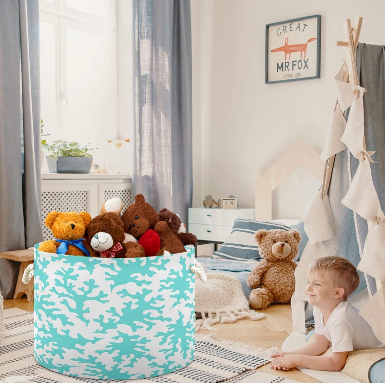 Visesunny Blue Coral Collapsible Laundry Basket with Cotton Handles