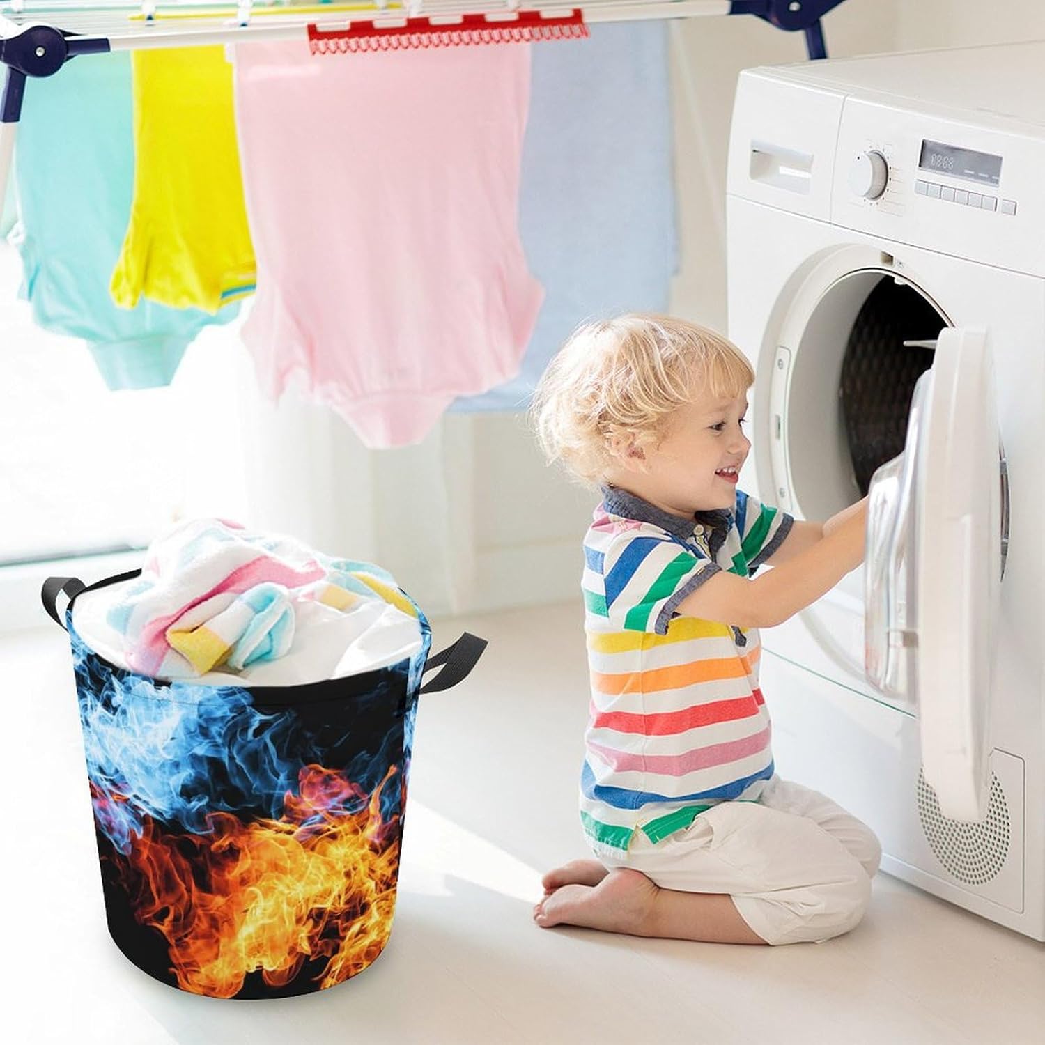 Red and Blue Fire Collapsible Laundry Hamper