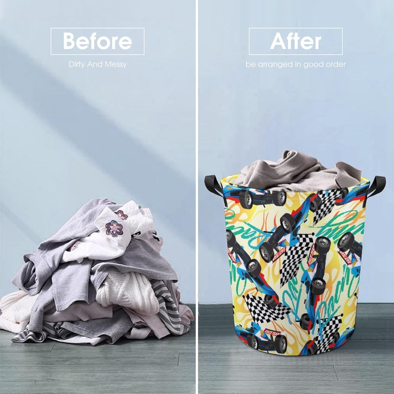 Racing with Checkered Flag Laundry Hamper Waterproof Clothes Basket with Easy Carry Handles