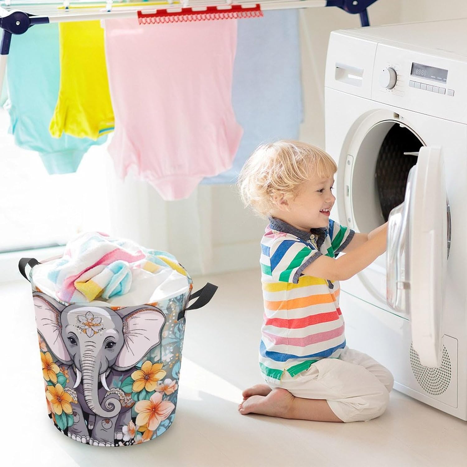 Waterproof Cartoon Elephant Laundry Hamper Cute Storage Basket for Home Kitchen