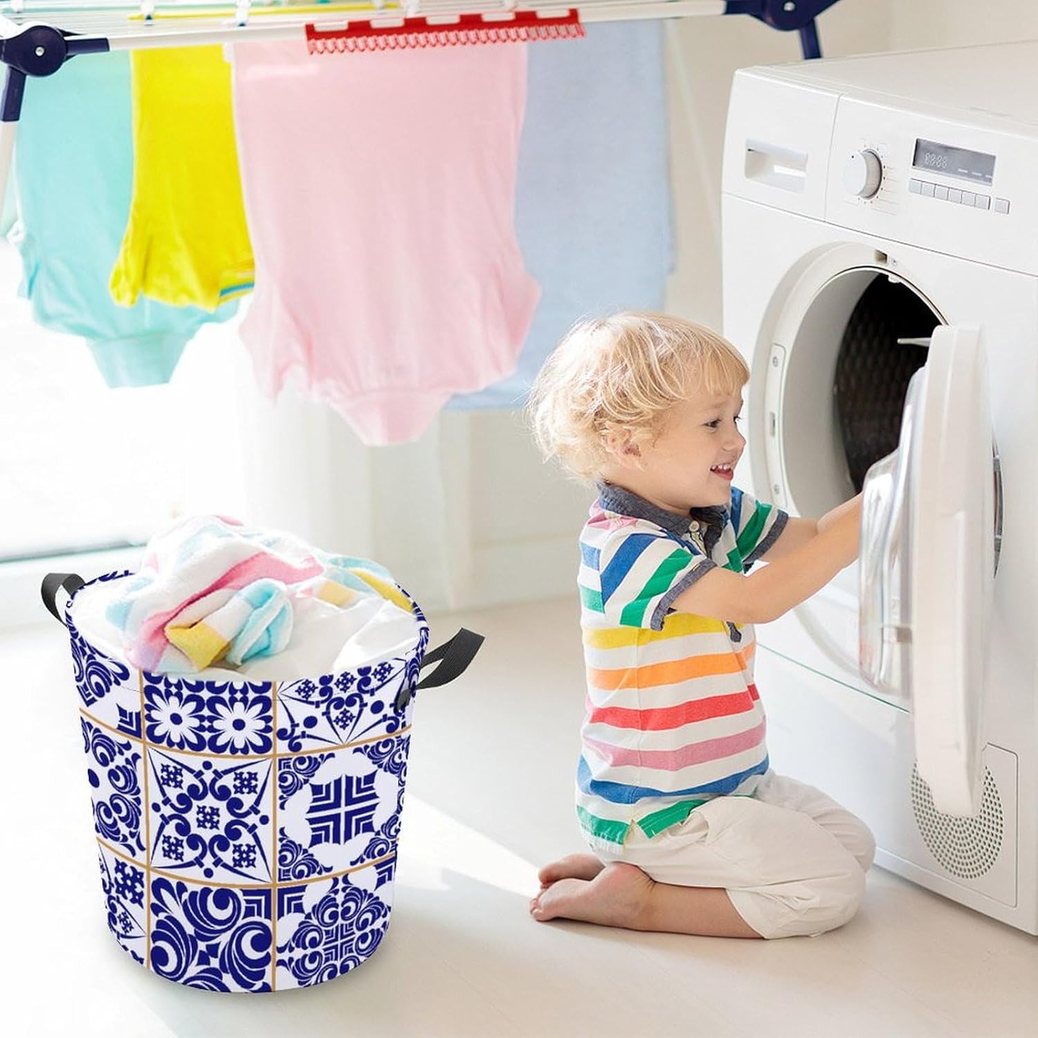 MEIKKO Blue Patchwork Tile Laundry Hamper