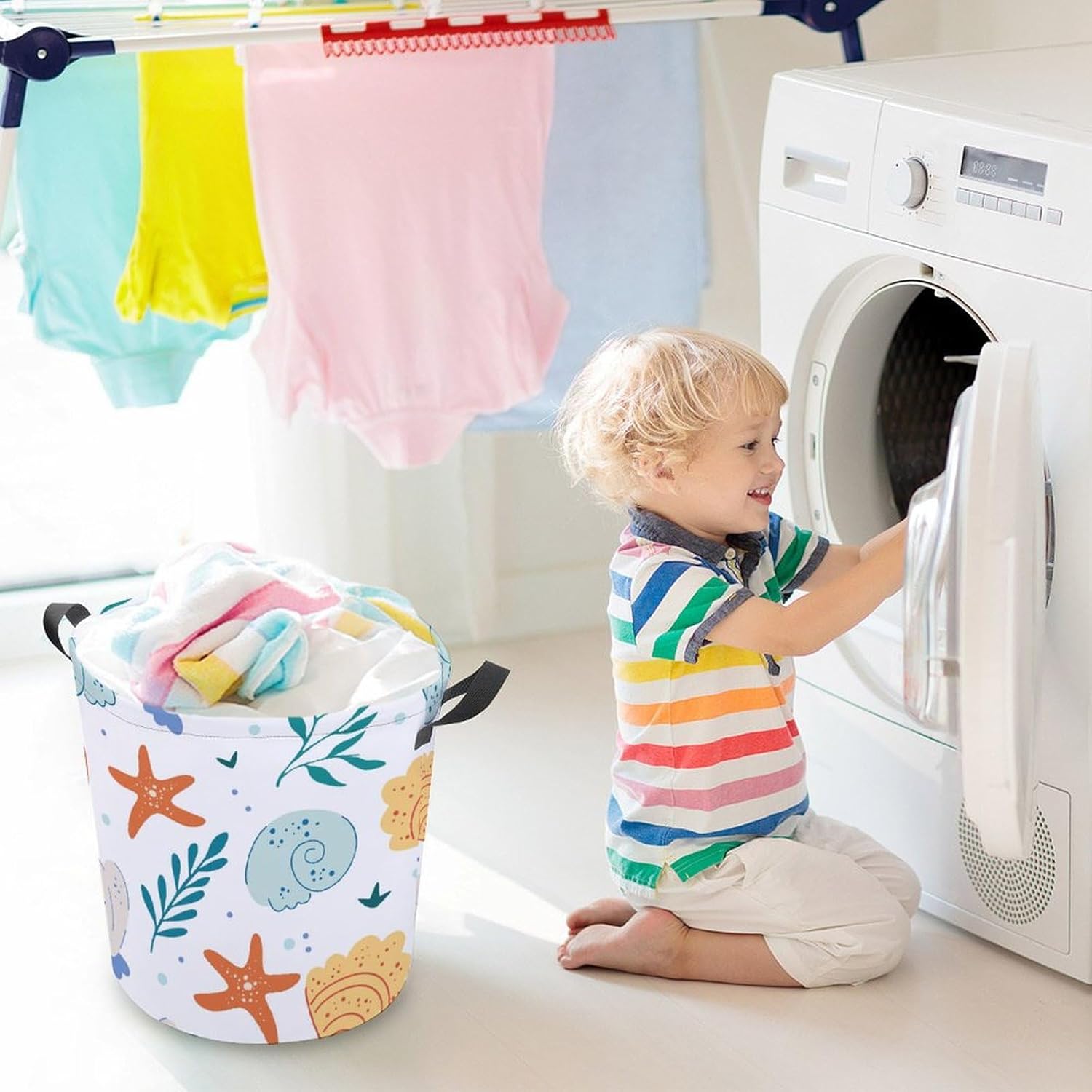 Cute Ocean Waterproof Laundry Hamper with Easy Carry Handles for Home Travel