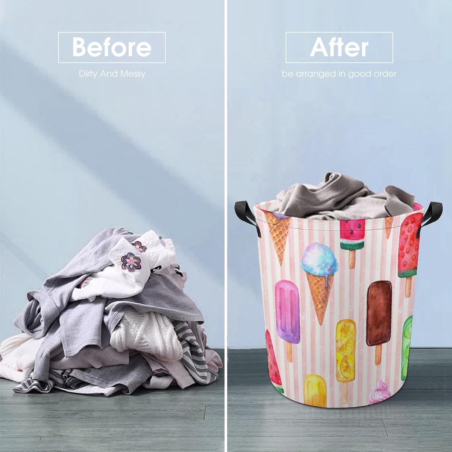 Retro Watercolor Ice Cream Laundry Basket with Handles