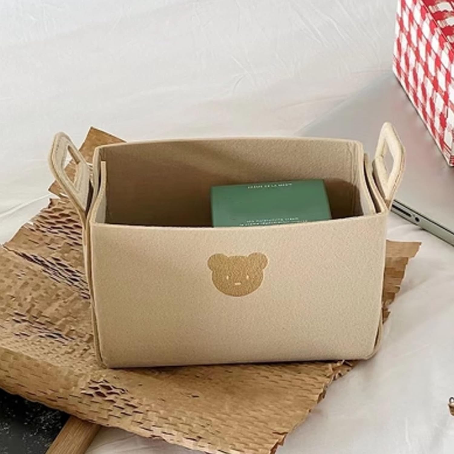 Keebgyy Bear Pattern Felt Storage Basket with Handles