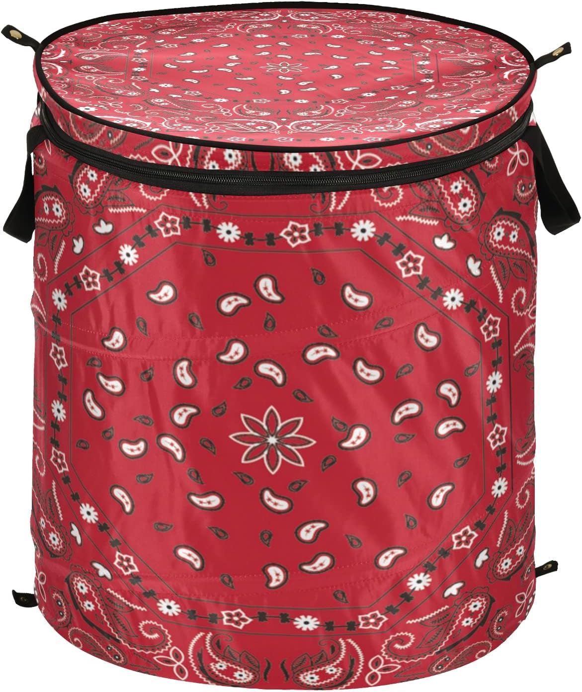 Red Bandana Print Paisley Laundry Hamper with Zipper Lid