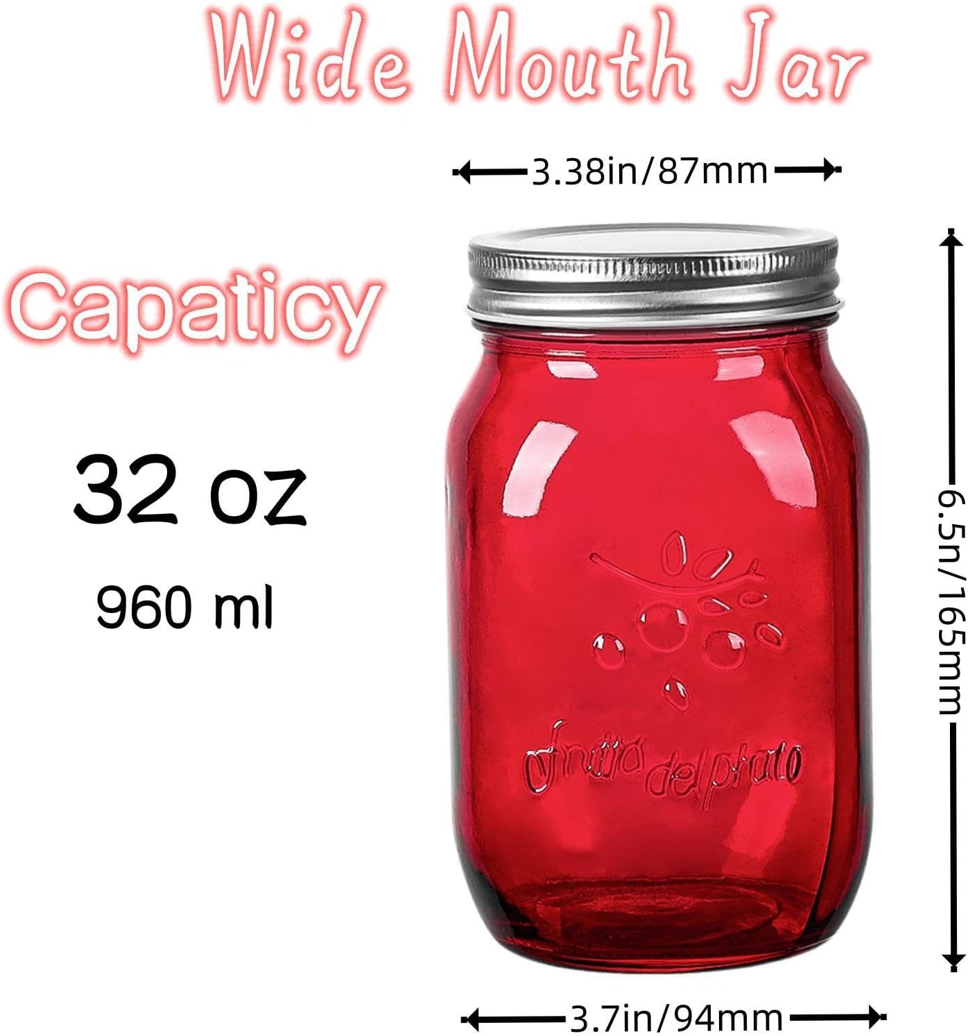 Amzcku 32oz Red Mason Jars with Lids 6 Pack
