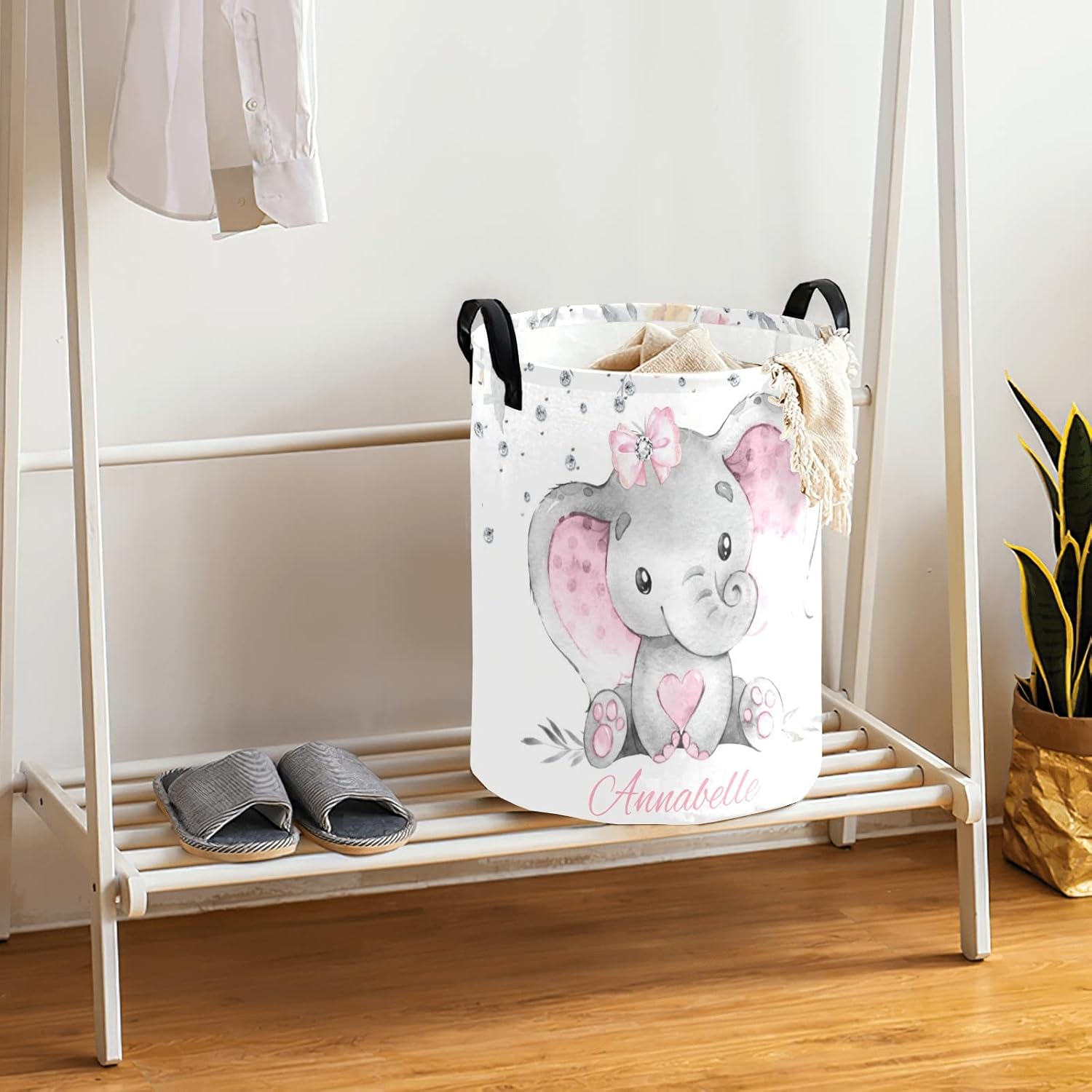 Personalized Pink Gray Elephant Laundry Basket - Compact Water Resistant