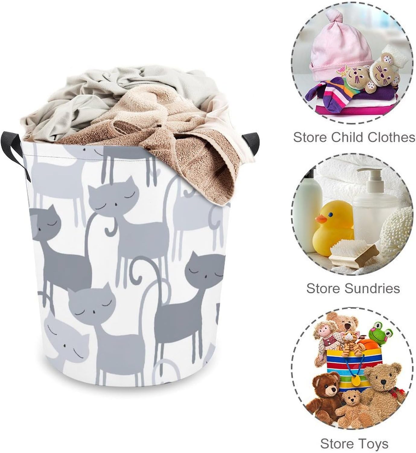 MEIKKO Grey Cat Pattern Laundry Basket with Waterproof Coating