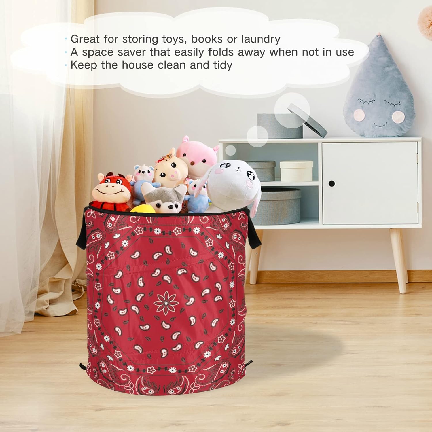 Red Bandana Print Paisley Laundry Hamper with Zipper Lid
