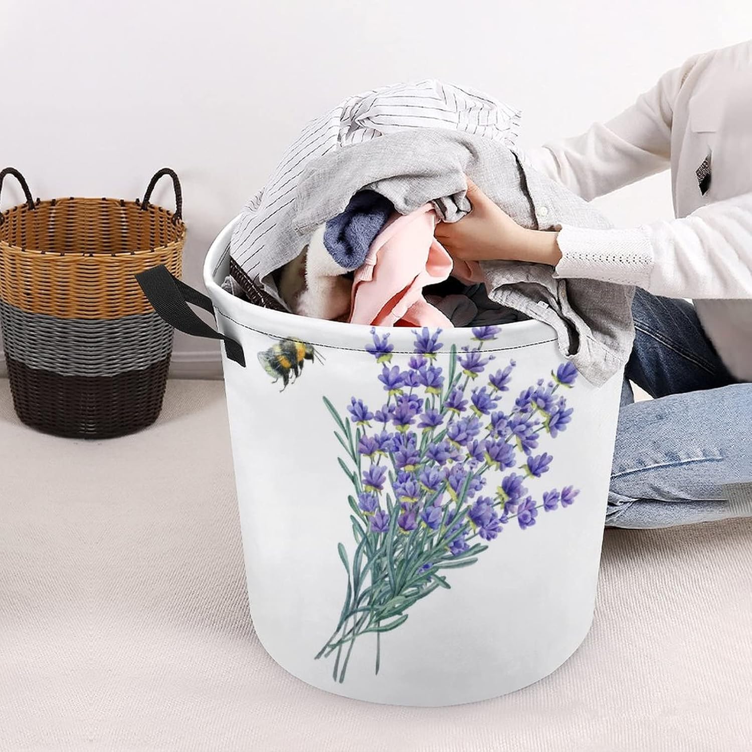 MEIKKO Watercolor Lavender Large Laundry Hamper Basket