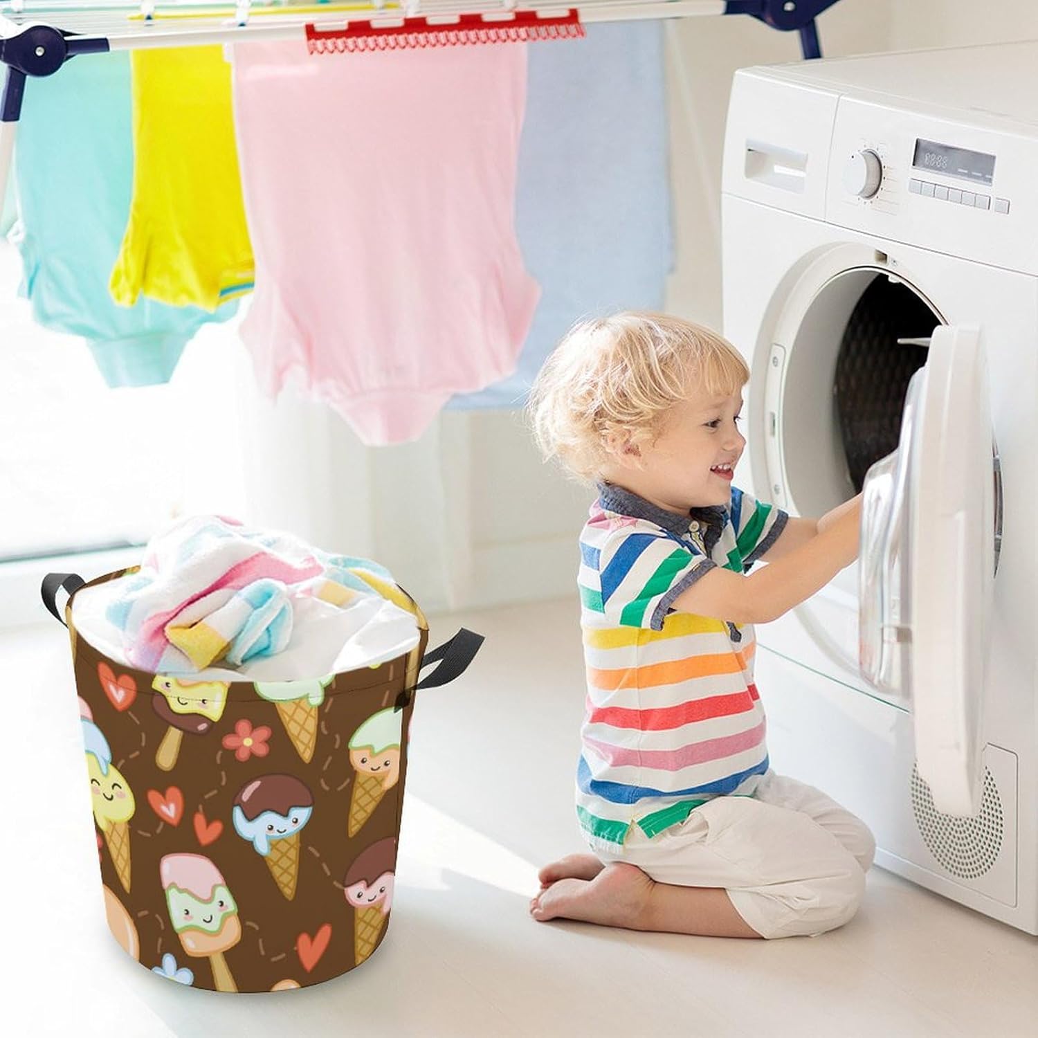 Cute Ice Creams Flower Laundry Hamper Waterproof Durable Mesh Basket