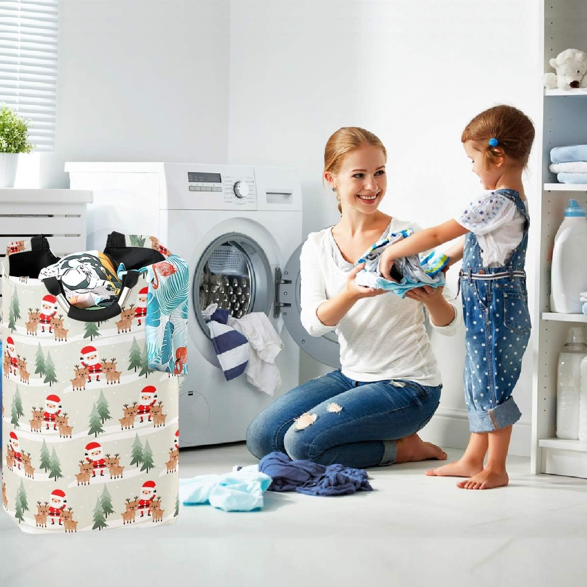 Visesunny 600D Oxford Collapsible Laundry Basket with Santa Claus Design