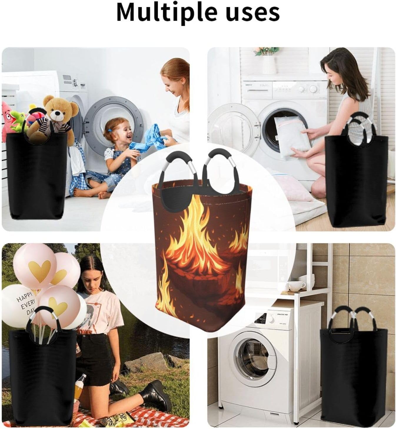 Fire Print Laundry Basket with Handles and Collapsible Design