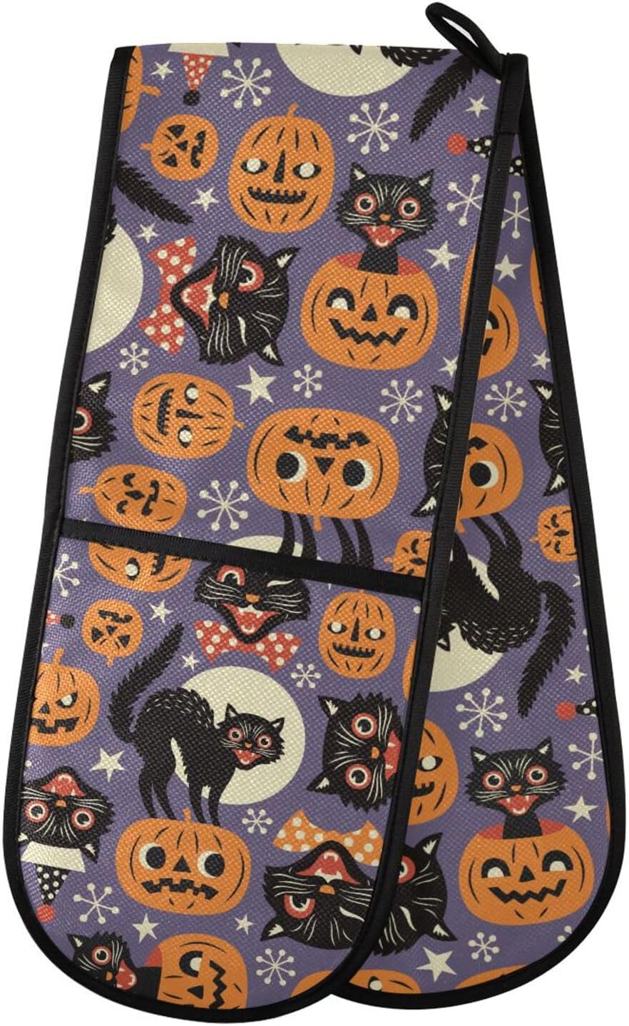 Double Oven Mitts Halloween - Vampire Cats Heat Resistant Long Potholder for Kitchen