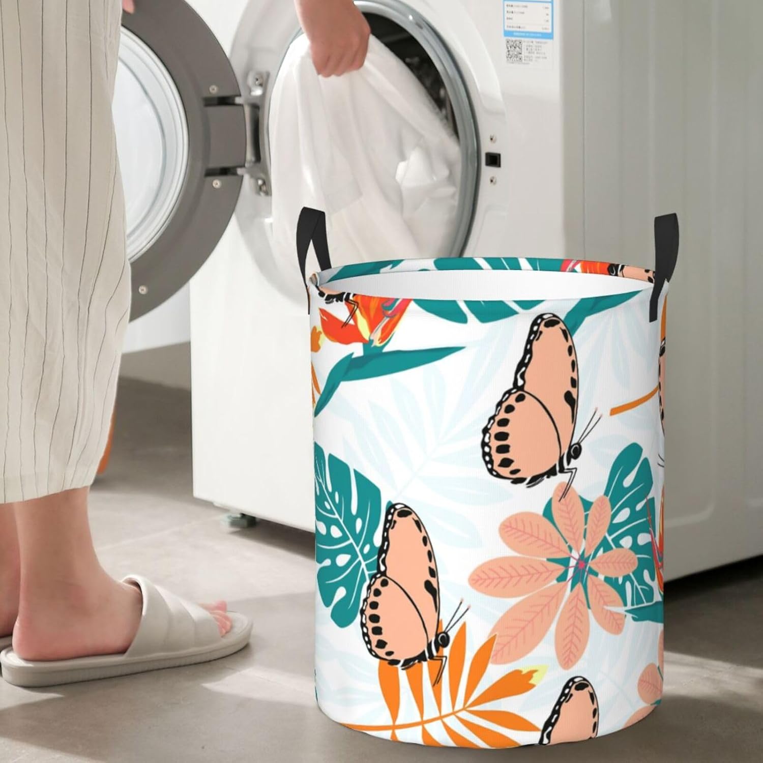 Flower Foldable Laundry Basket with Handles - Butterfly Design M