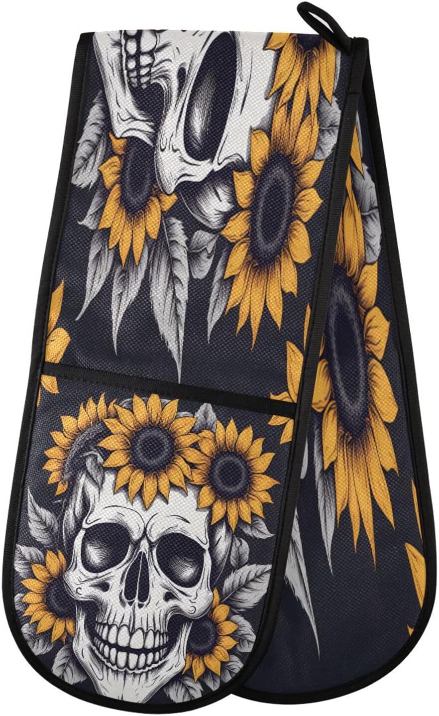 Halloween Skeleton Sunflower Oven Mitt Potholder Heat Resistant Over-the-Shoulder Design