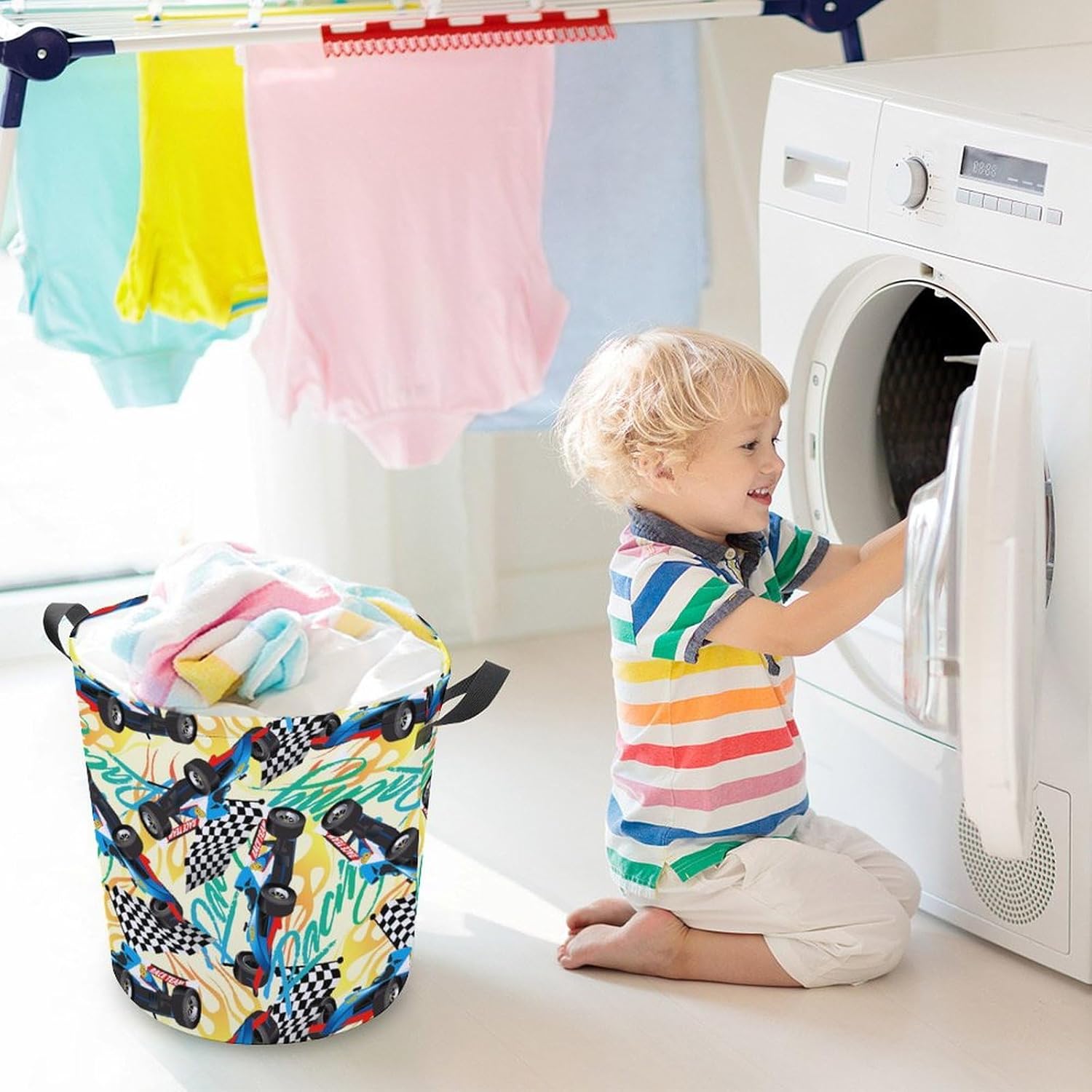 Racing with Checkered Flag Laundry Hamper Waterproof Clothes Basket with Easy Carry Handles