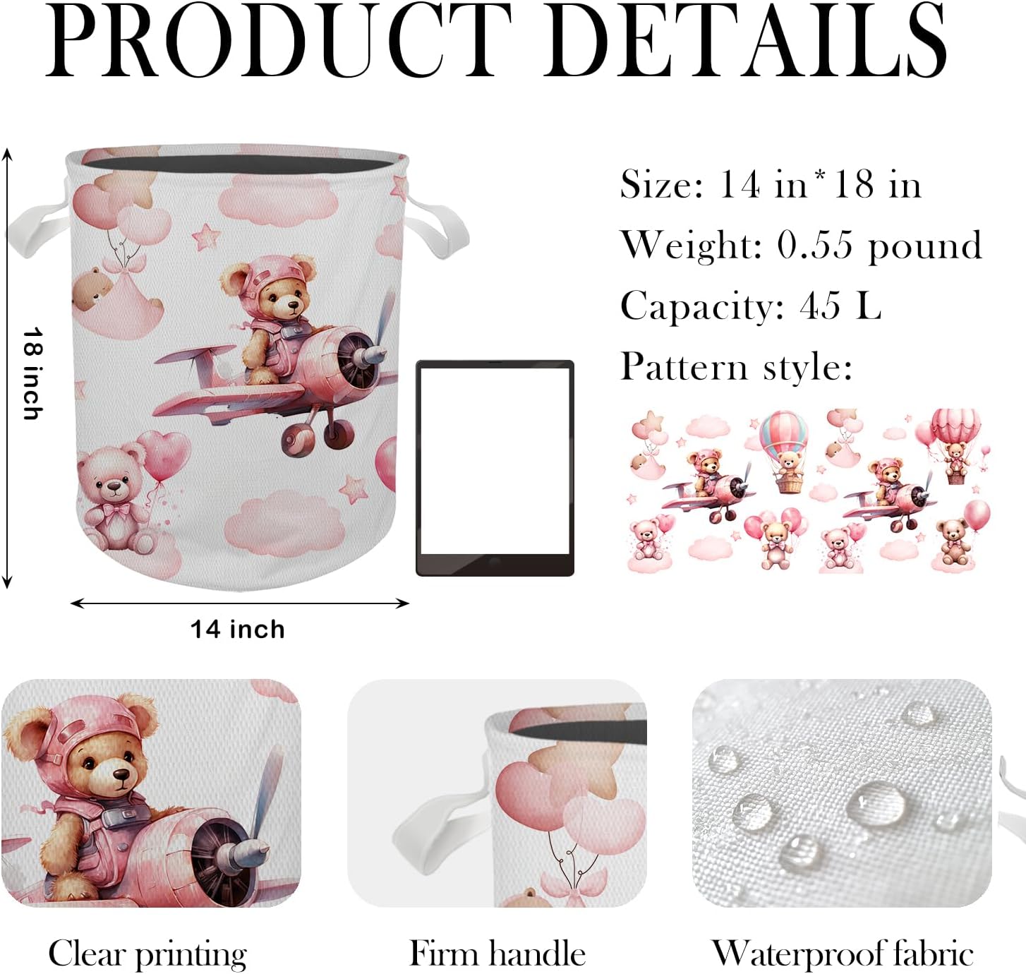 Briblaze Kids Laundry Basket with Pink Bear Design