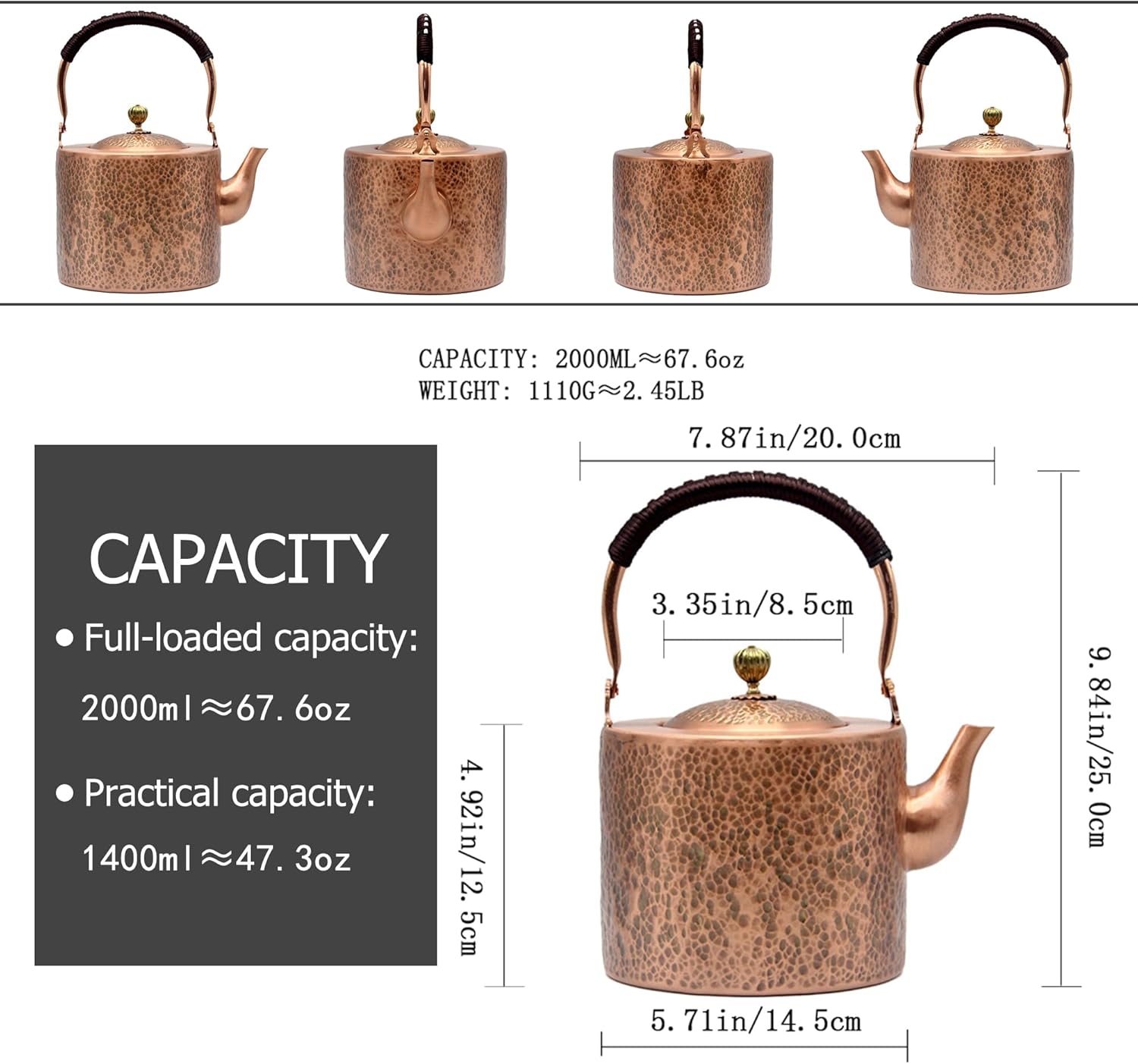 Pure Copper 676oz Tea Pot Stovetop Camping Safe Non-Magnetic Health Benefits