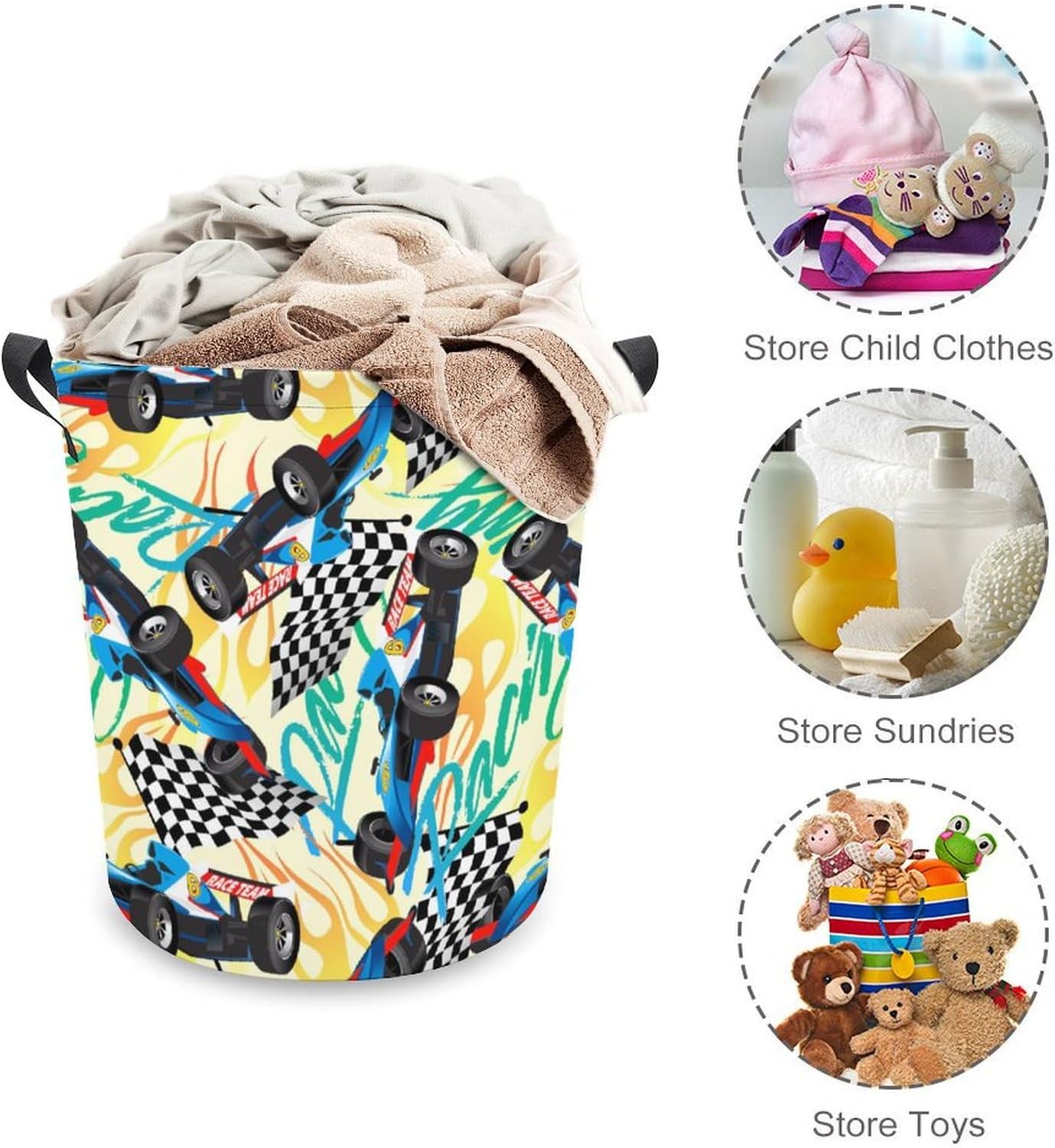 Racing with Checkered Flag Laundry Hamper Waterproof Clothes Basket with Easy Carry Handles