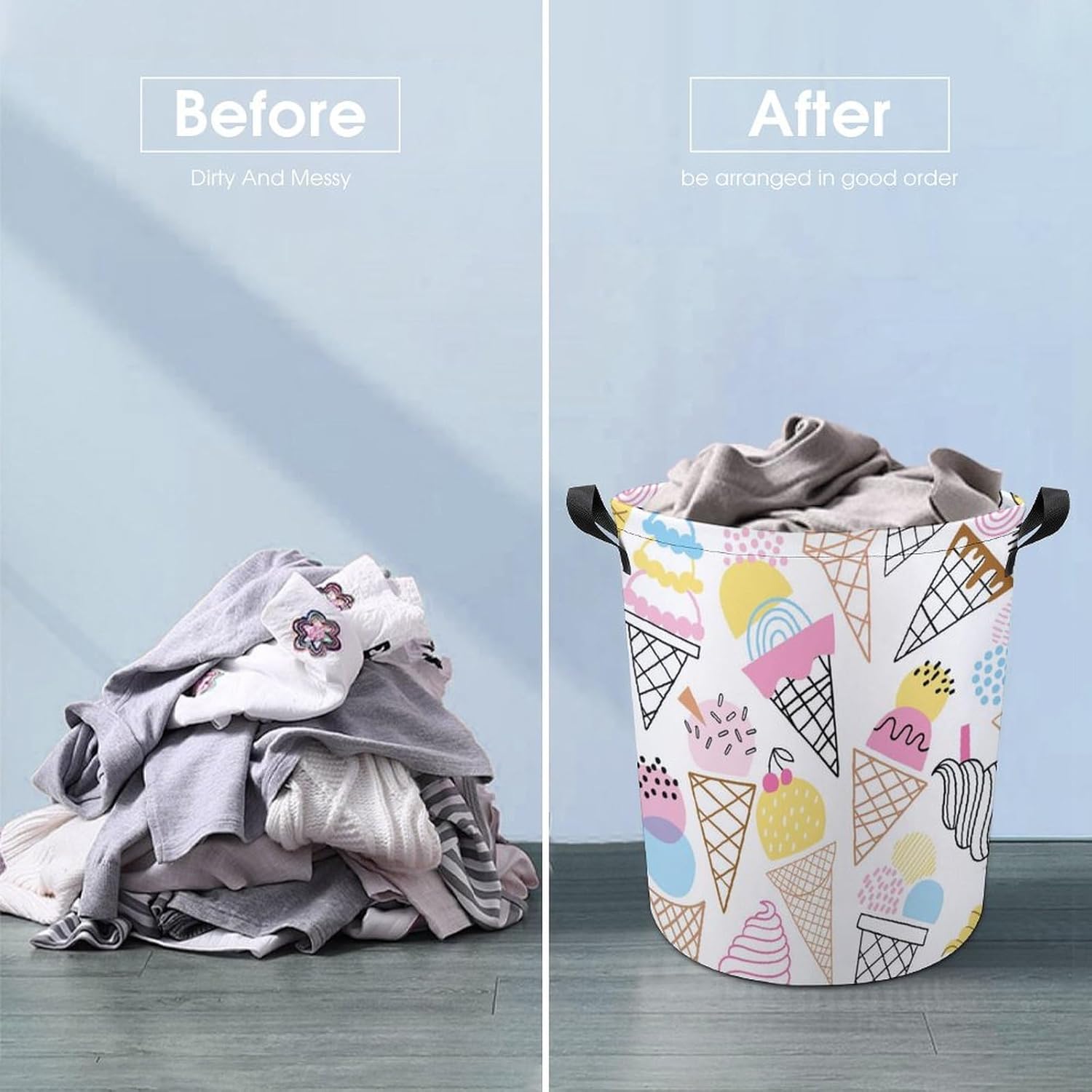 Cute Summer Ice Cream Collapsible Laundry Hamper for Family Dorm Use