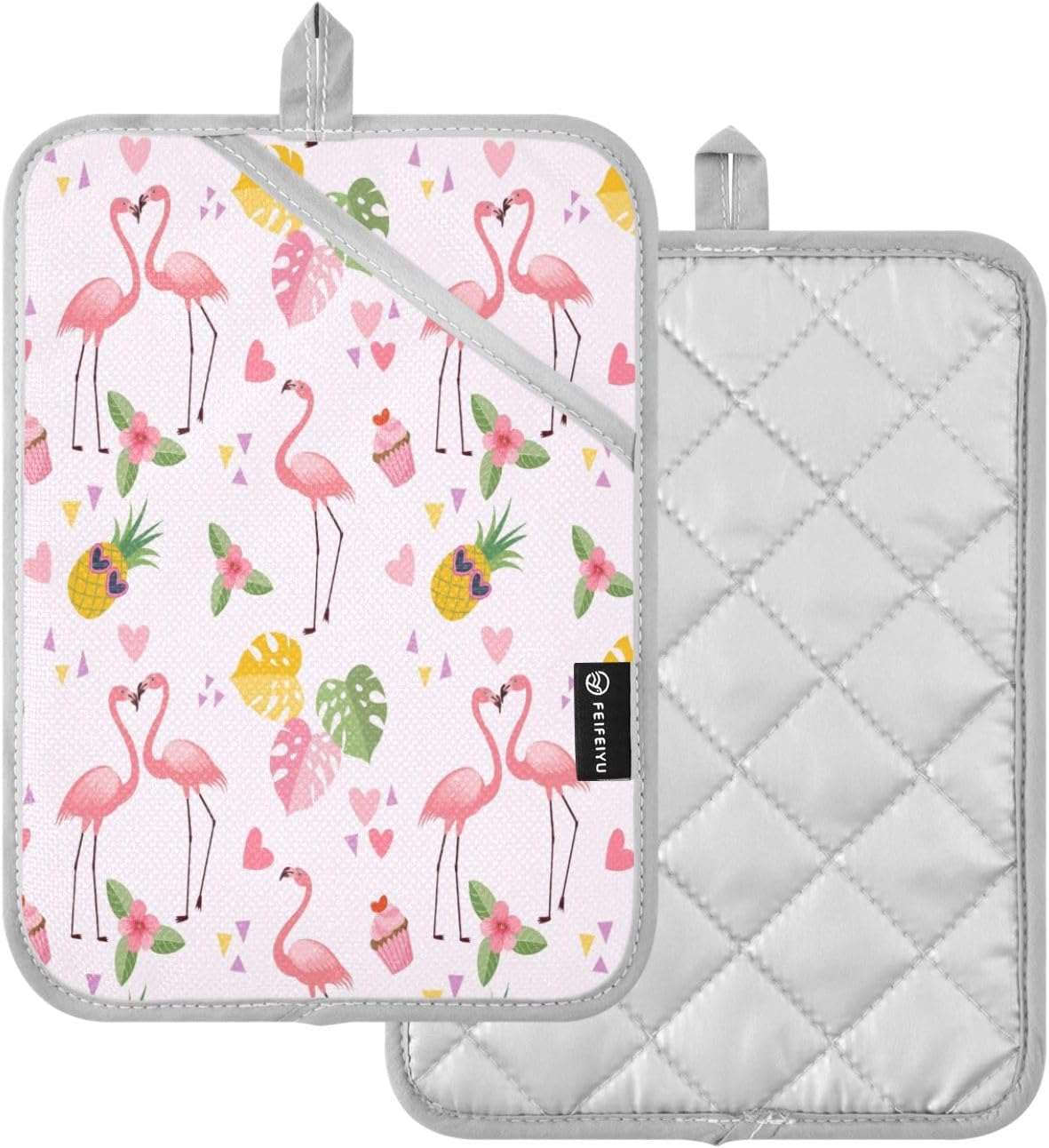 Cute Flamingo 2-Piece Heat Resistant Potholders with Heart Shape