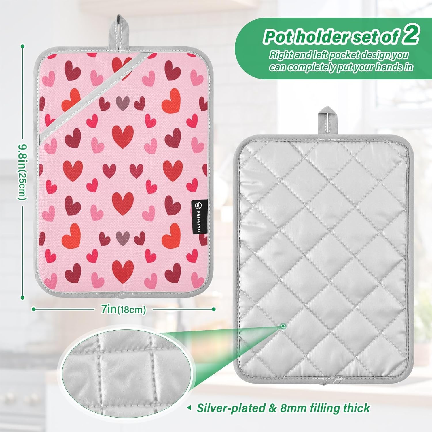 Kcldeci Cute Hearts 2-Pack Heat-Resistant Potholders