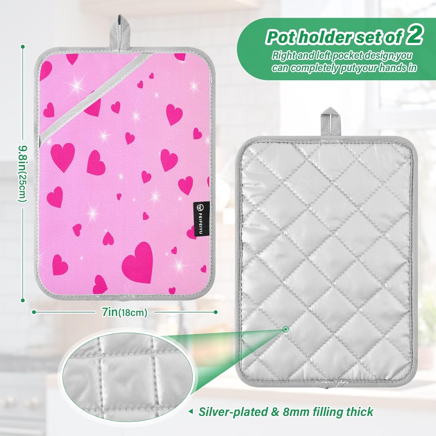 KCLDECI Pink Hearts 2-Pack Heat Resistant Potholders for Kitchen Use