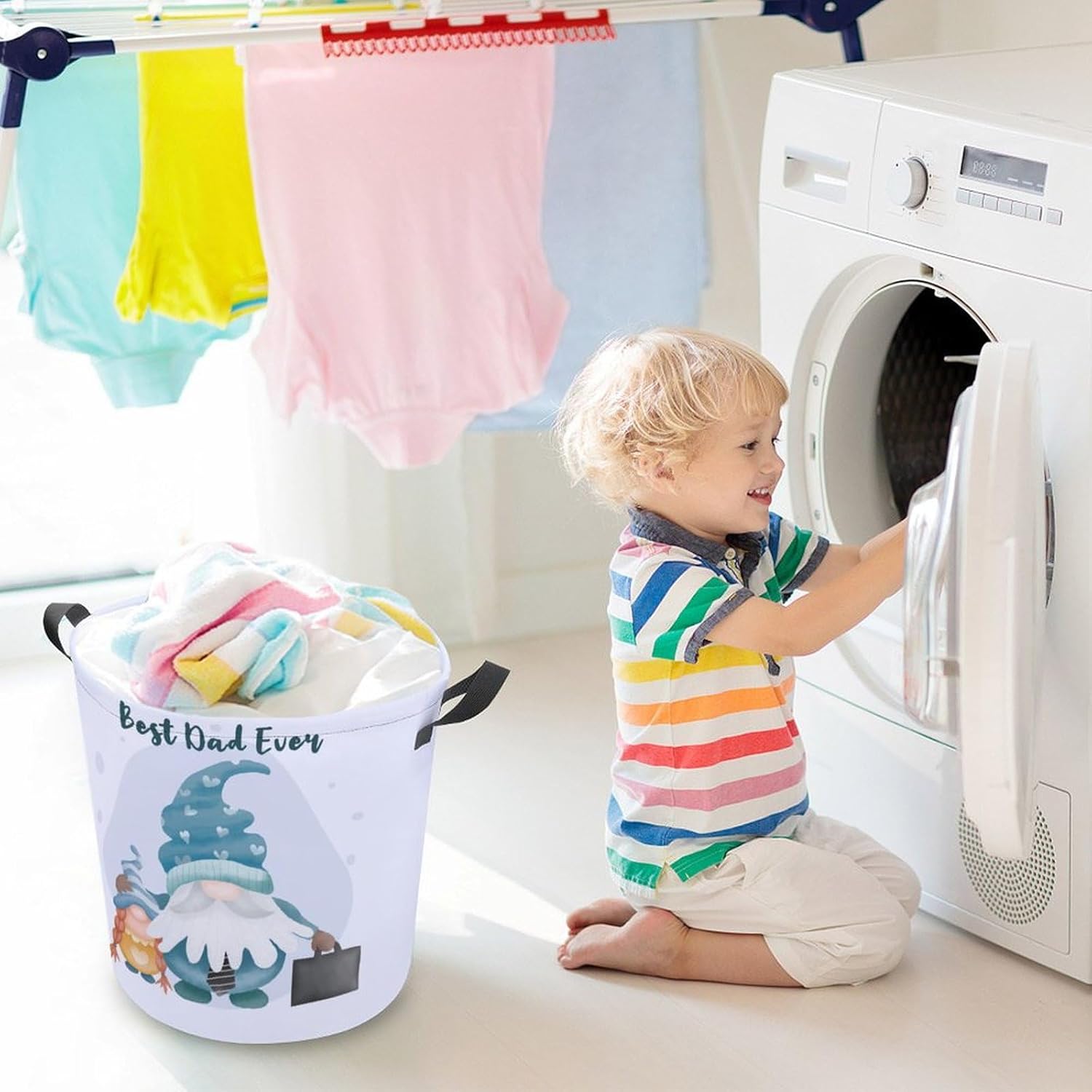 Fathers Day Quote Waterproof Gnome Laundry Hamper with Easy Carry Handles