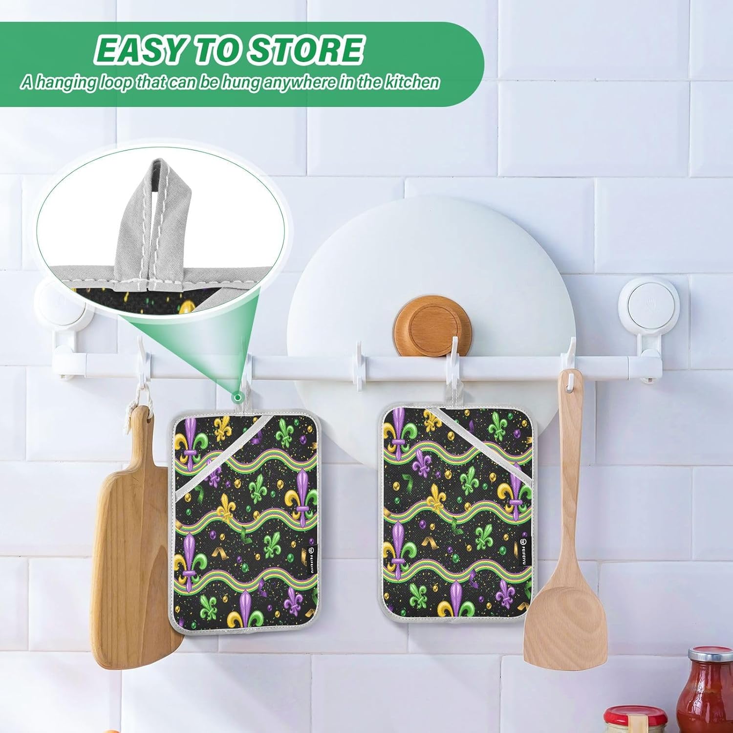 Mardi Gras Wavy Stripes Oven Mitts Heat-Resistant 2-Piece Set
