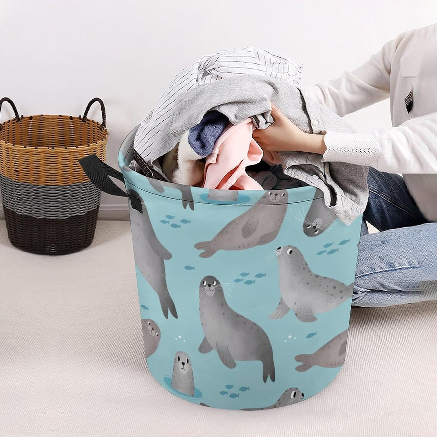 MEIKKO Cute Cartoon Laundry Hamper Waterproof Clothes Basket with Easy Carry Handles