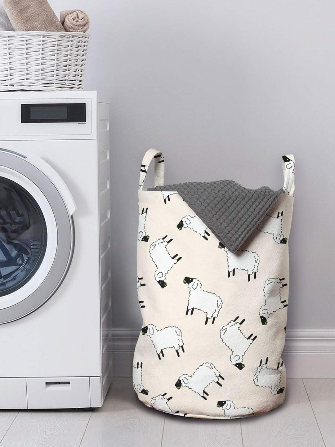 Ambesonne Cartoon Sheep Laundry Bag 13x19 White Black Green with Handles