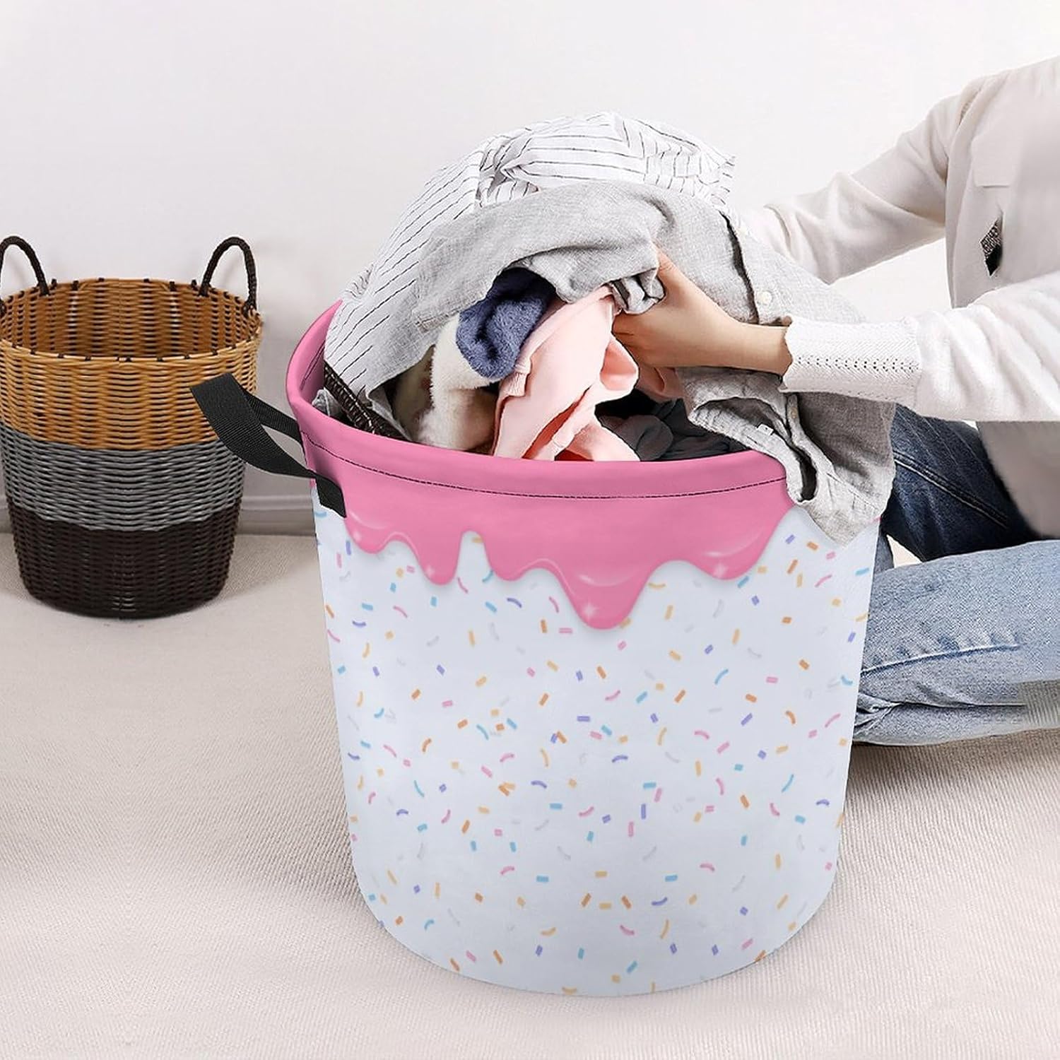 Pink Dripping Liquid Laundry Hamper Donut Basket for Dorms Bedroom Bathroom