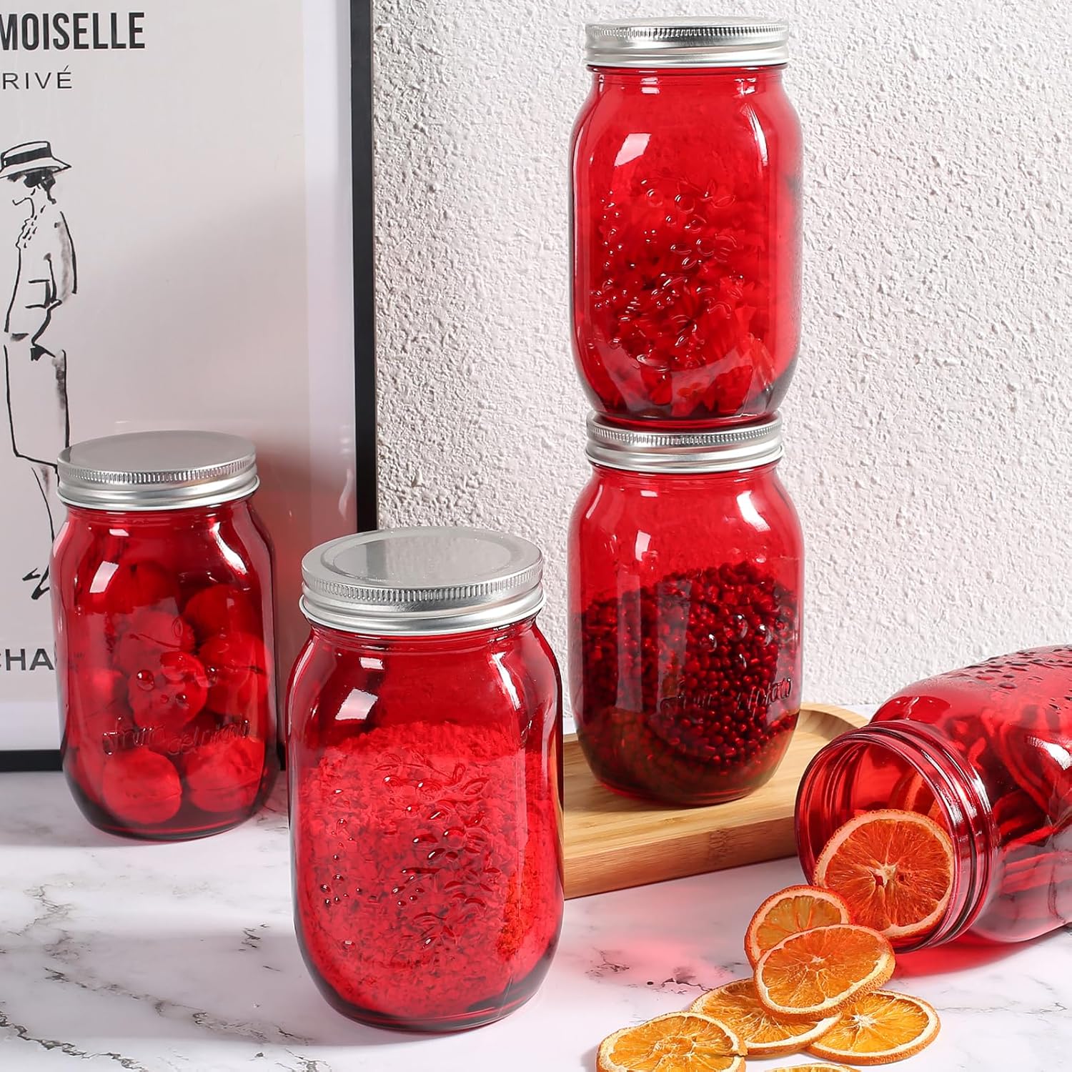 Amzcku 32oz Red Mason Jars with Lids 6 Pack