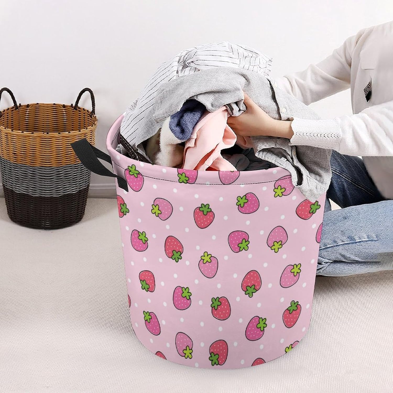 Perfectique Pink Strawberry Laundry Hamper Collapsible Waterproof Storage for Family Pets