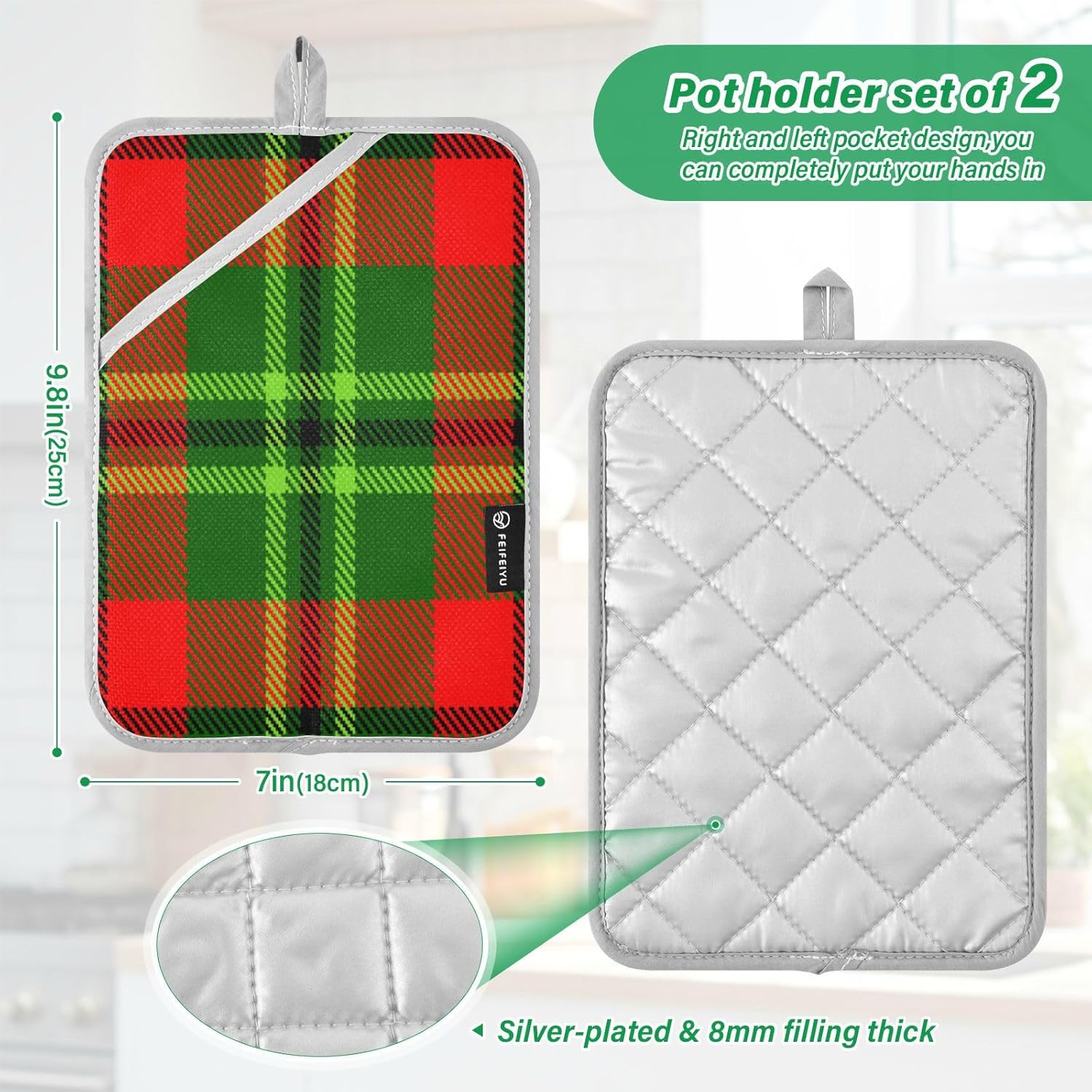 Green Red Tartan Potholders Heat-Resistant Set of 2