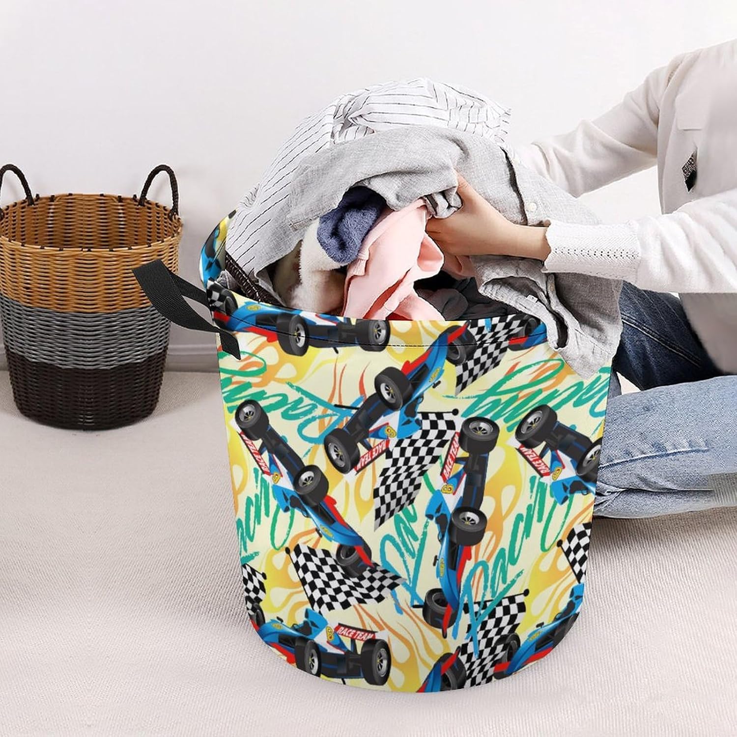 Racing with Checkered Flag Laundry Hamper Waterproof Clothes Basket with Easy Carry Handles