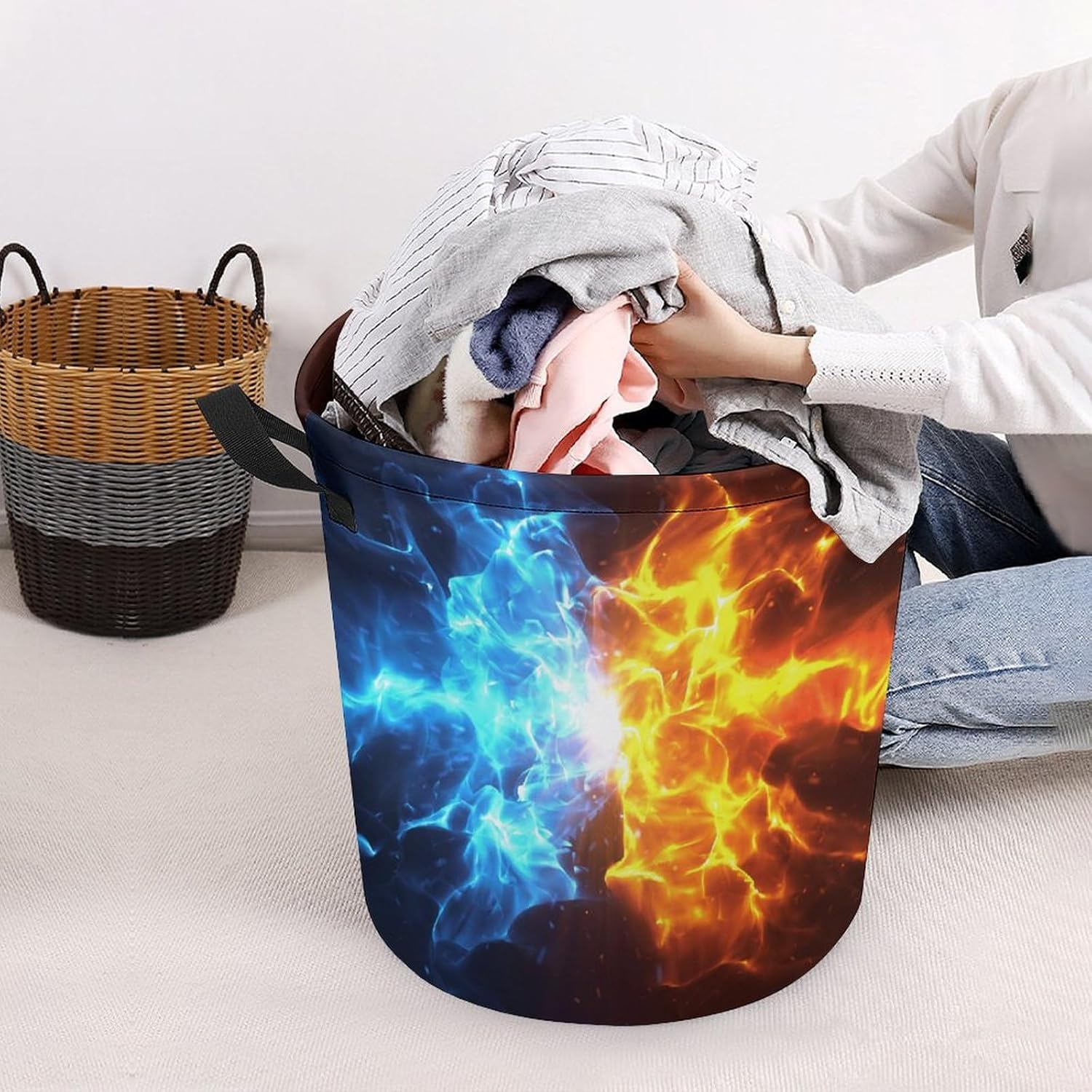 Crashing Blue and Red Flames Laundry Hamper