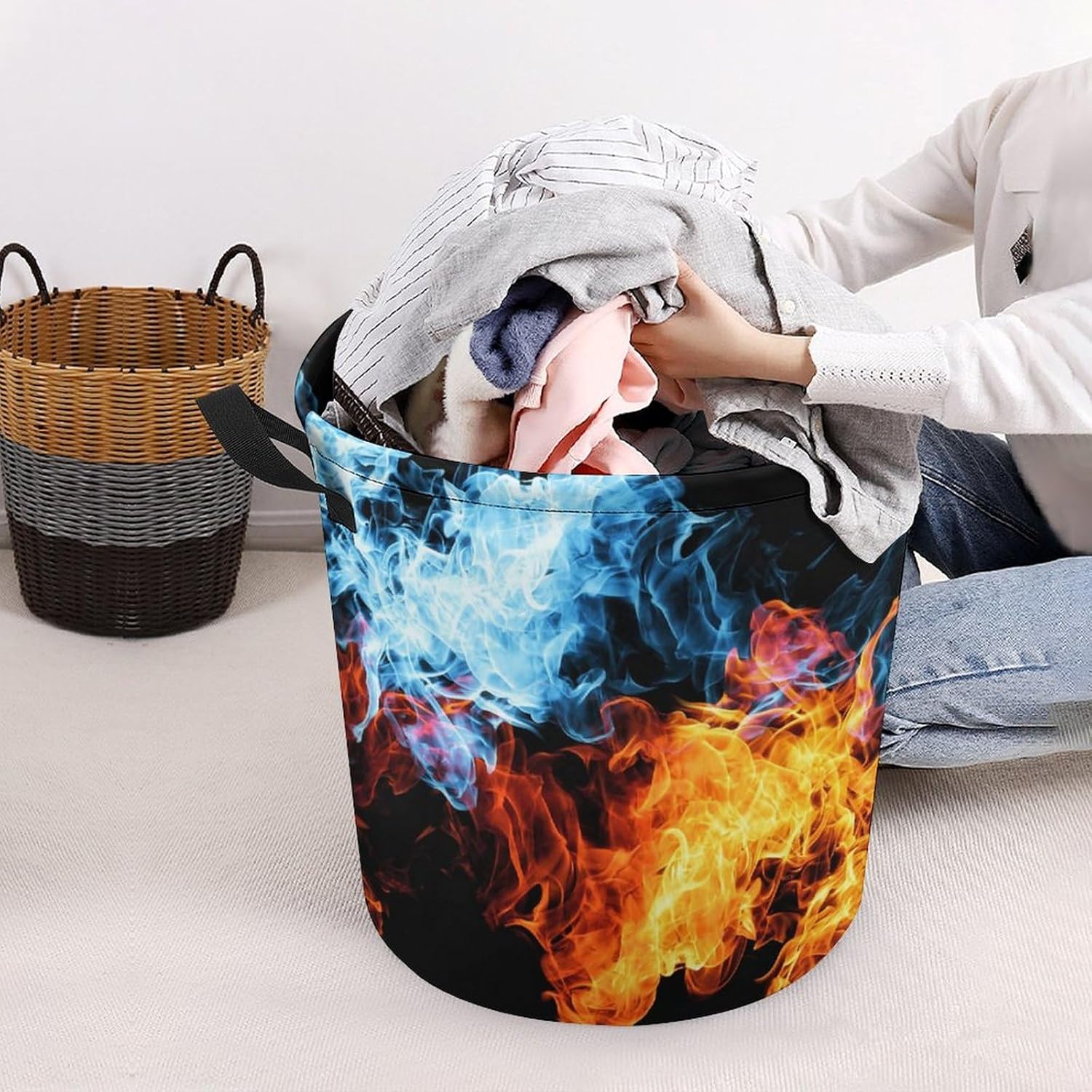 Red and Blue Fire Collapsible Laundry Hamper