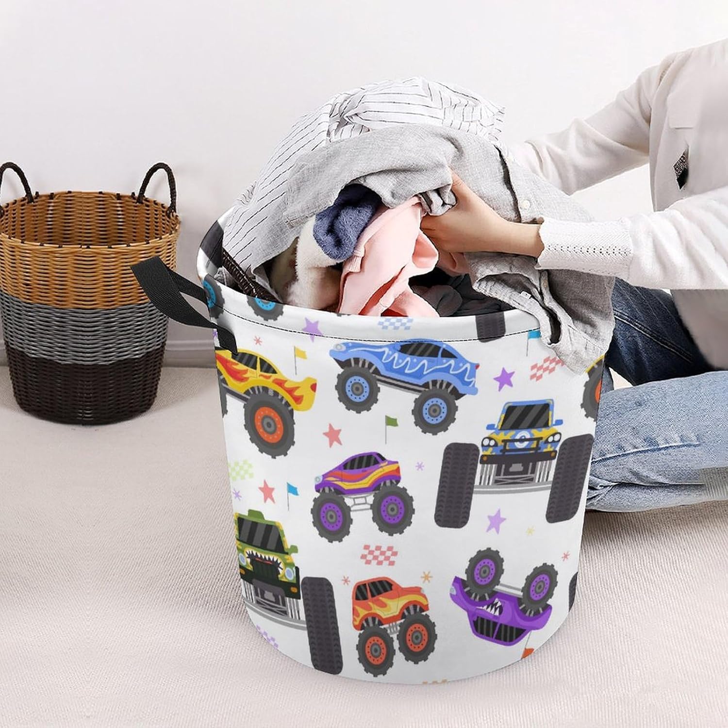 Cartoon Monster Trucks Water resistant Laundry Hamper