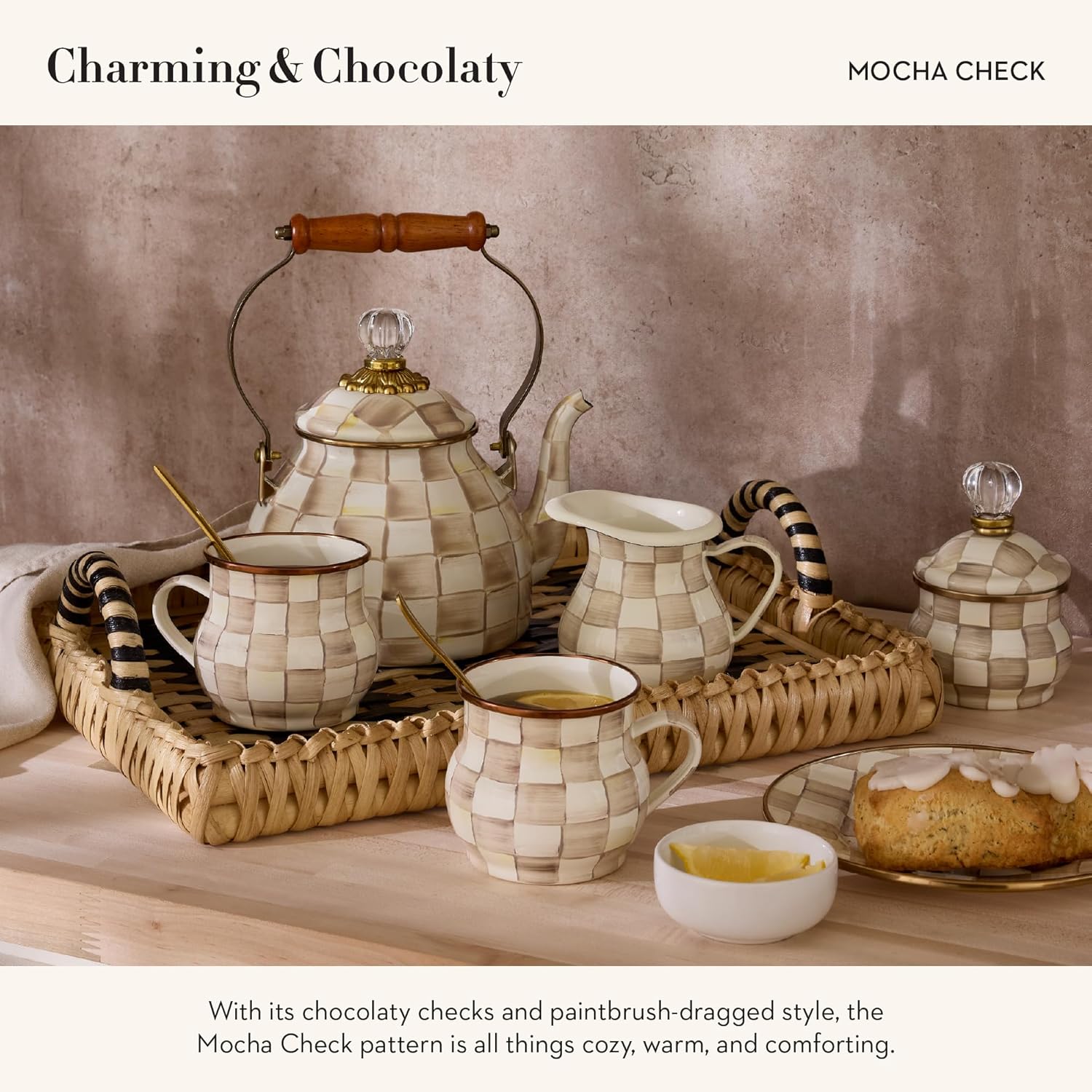 Stylish Mocha Check Tea Kettle for Coffee or Tea 2 Quarts