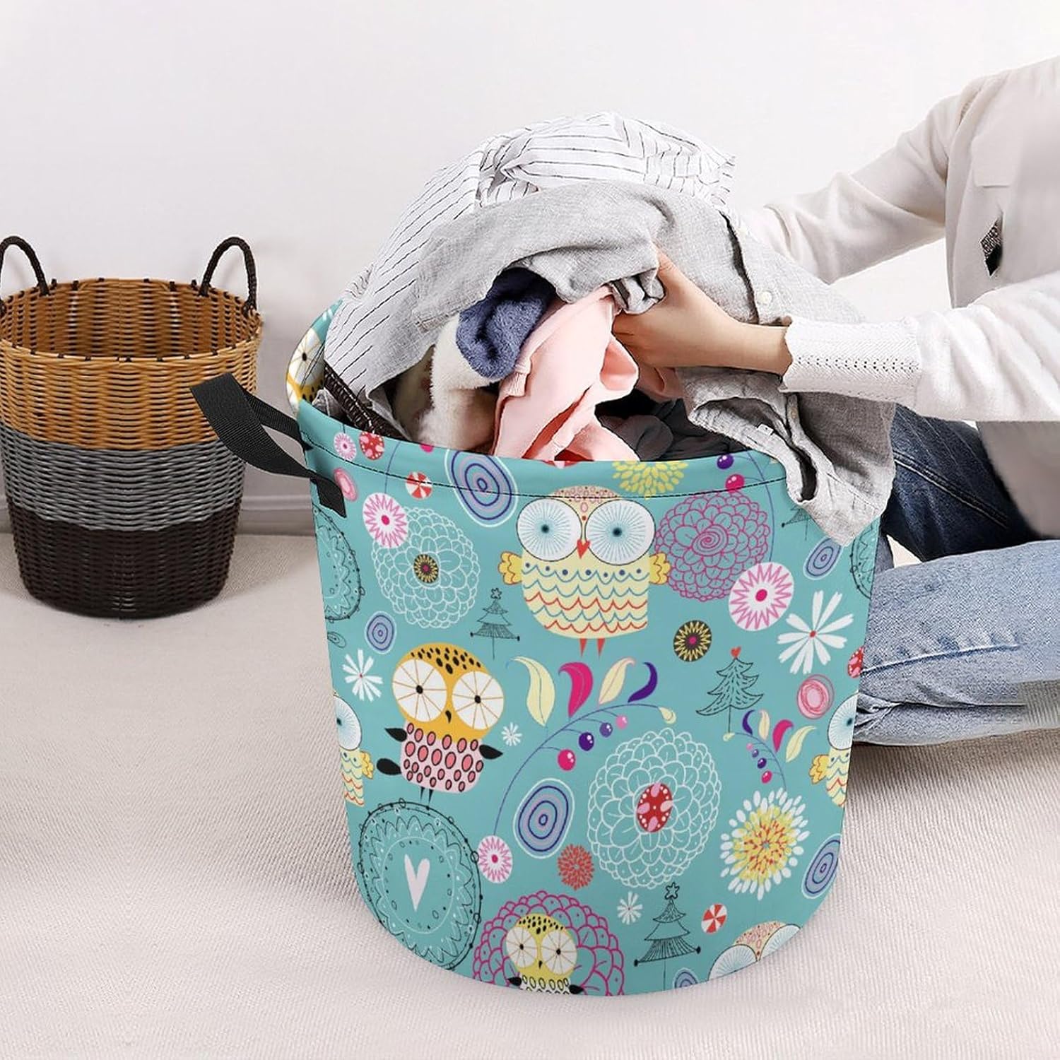 Floral Owls Folding Laundry Hamper