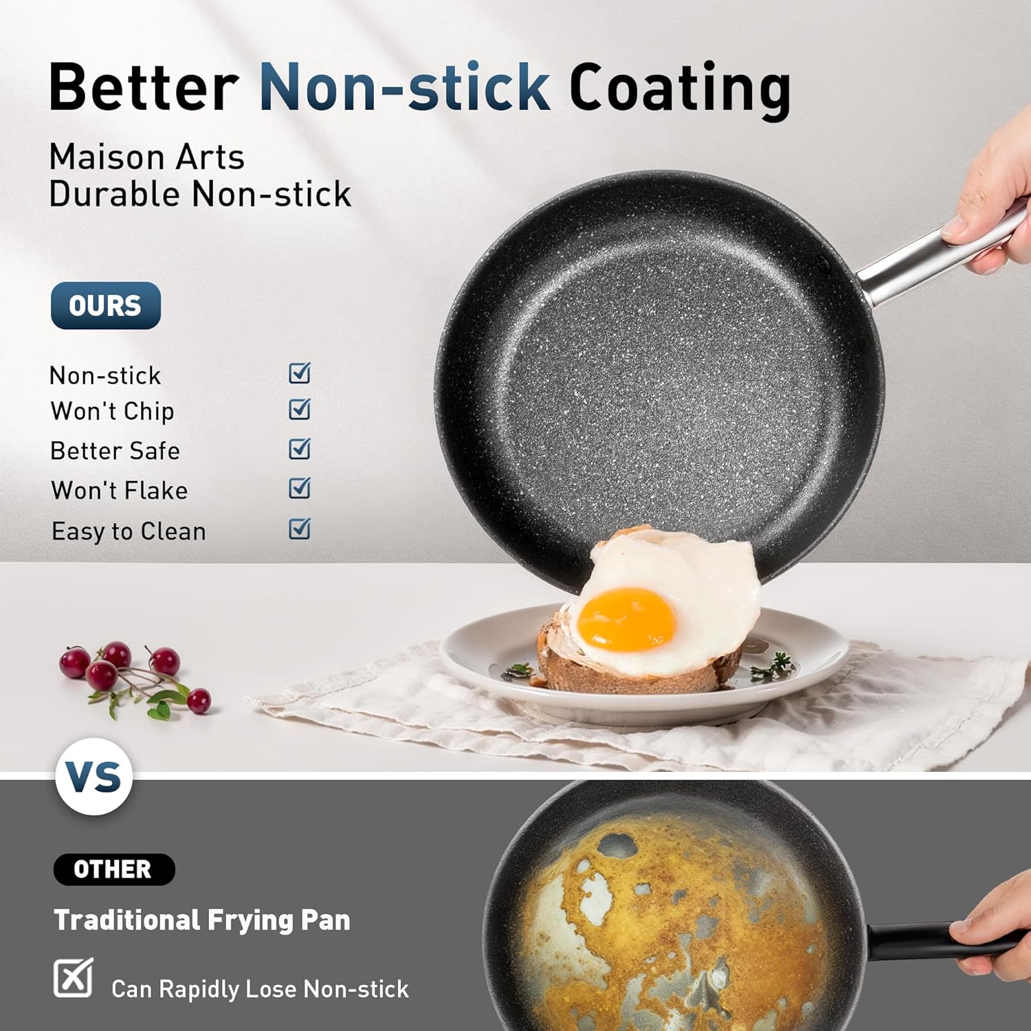 MAISON ARTS Nonstick Frying Pans Set 3 Piece Including Lid and Fry Skillet