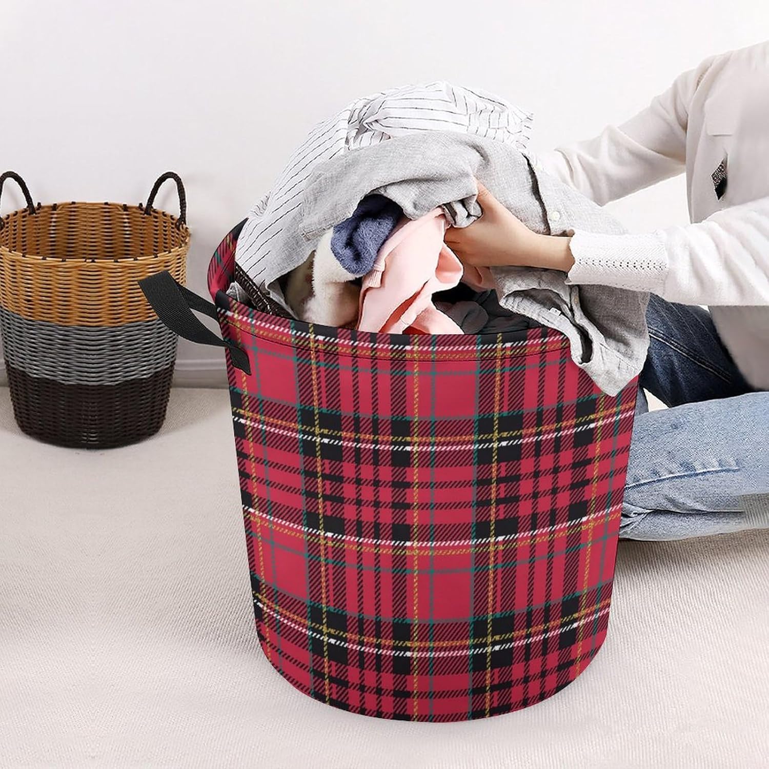 Christmas Plaid Tartan Laundry Hamper Multi-Purpose Organizer
