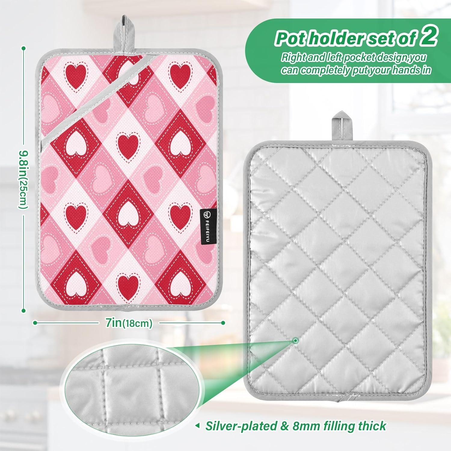 Kcldeci Heart-Plaid 2-Pack Heat-Resistant Potholders